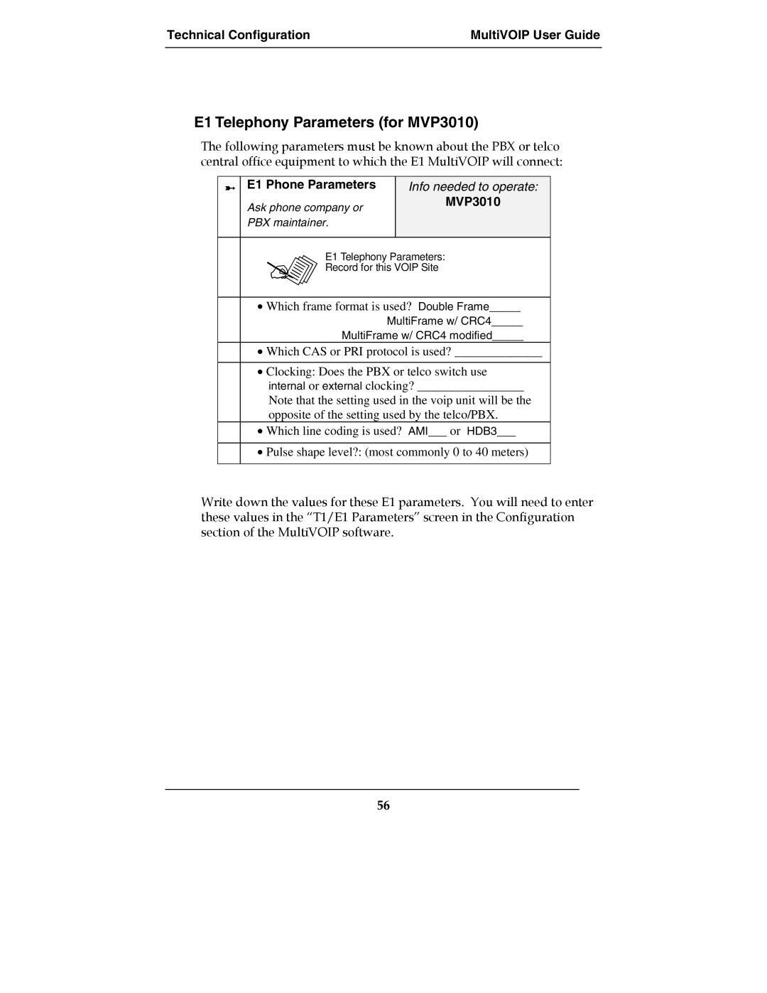 Multi-Tech Systems MultiVOIPTM, MVP-2410, MVP-3010 manual E1 Telephony Parameters for MVP3010 