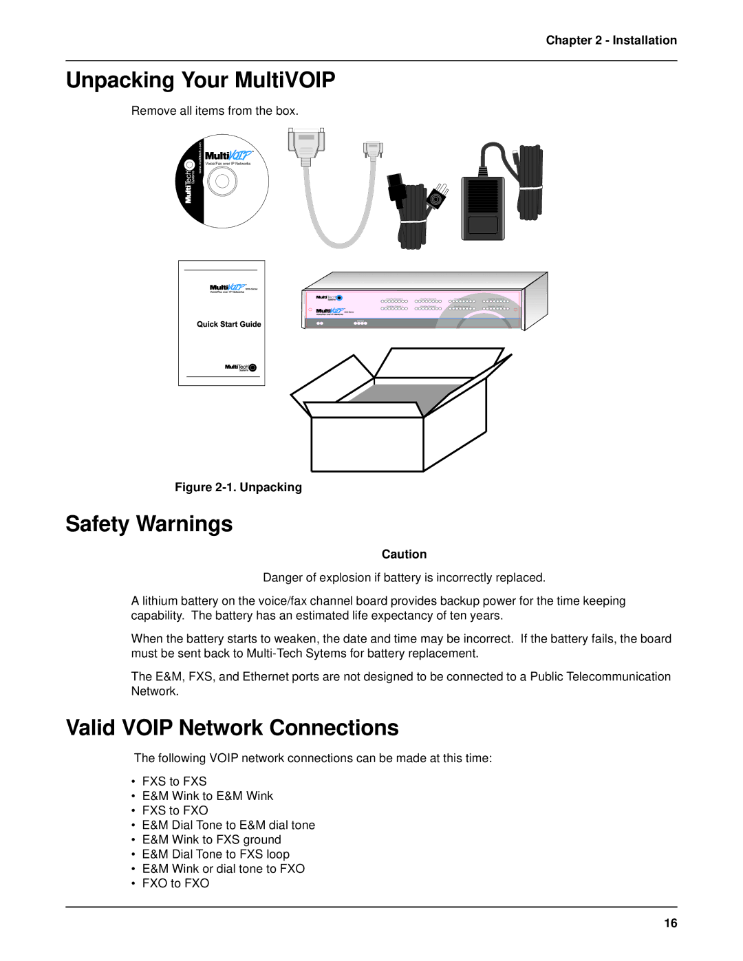 Multi-Tech Systems MVP 800 manual Unpacking Your MultiVOIP, Safety Warnings, Valid Voip Network Connections 