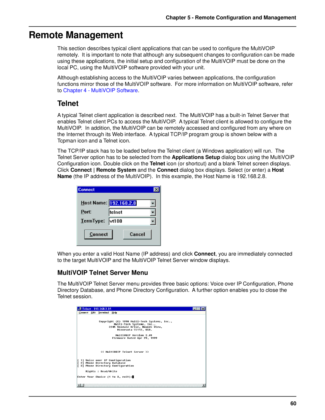 Multi-Tech Systems MVP 800 manual Remote Management, MultiVOIP Telnet Server Menu 