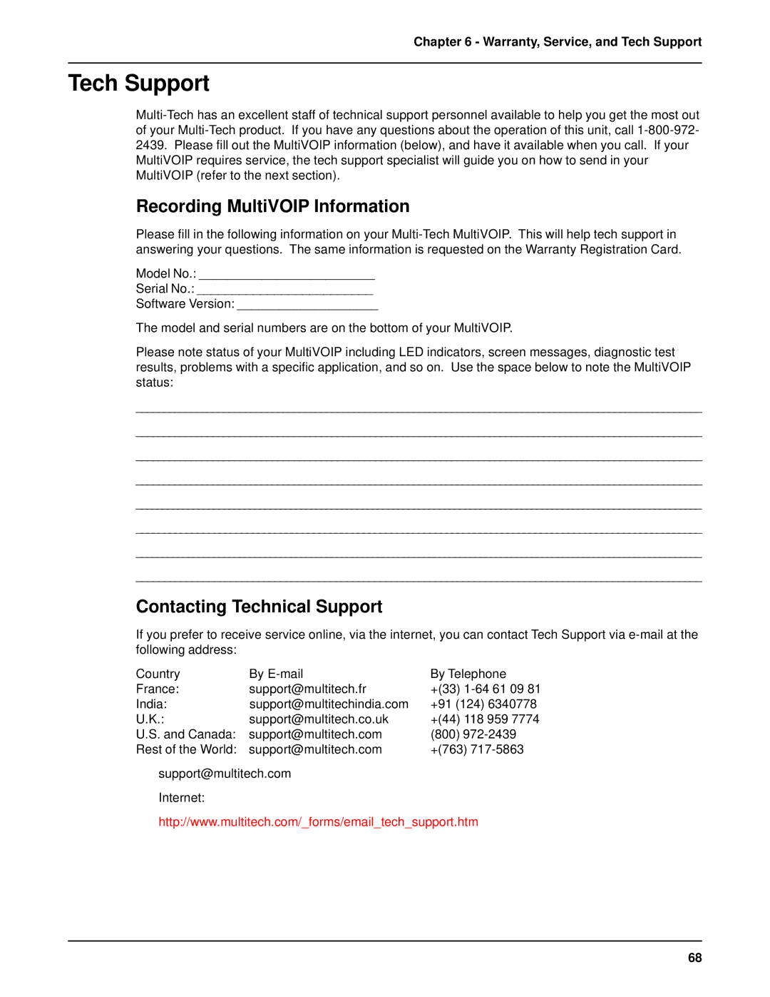 Multi-Tech Systems MVP 800 manual Tech Support, Recording MultiVOIP Information, Contacting Technical Support 