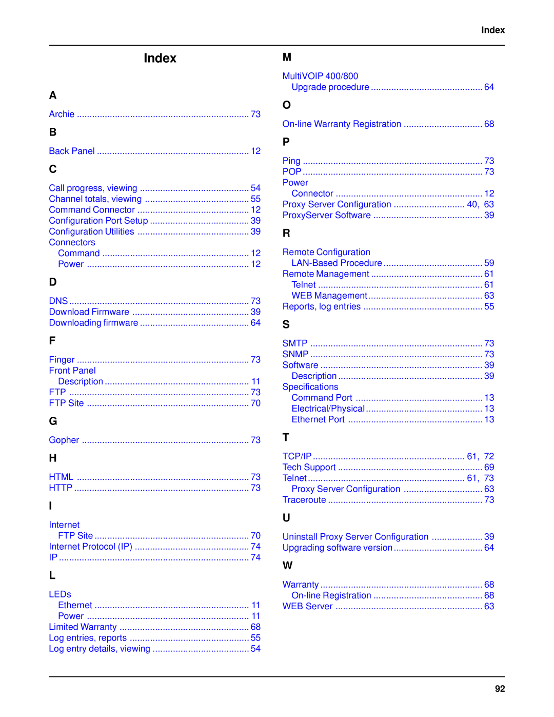 Multi-Tech Systems MVP 800 manual Index 