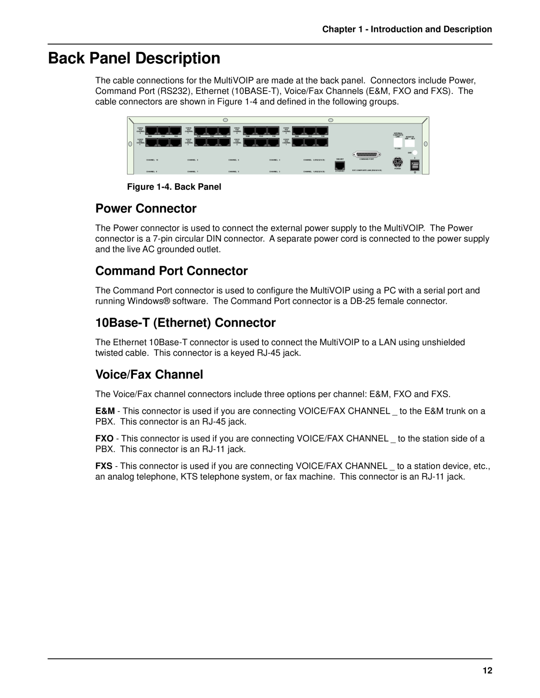 Multi-Tech Systems MVP 800 Back Panel Description, Power Connector, Command Port Connector, 10Base-T Ethernet Connector 