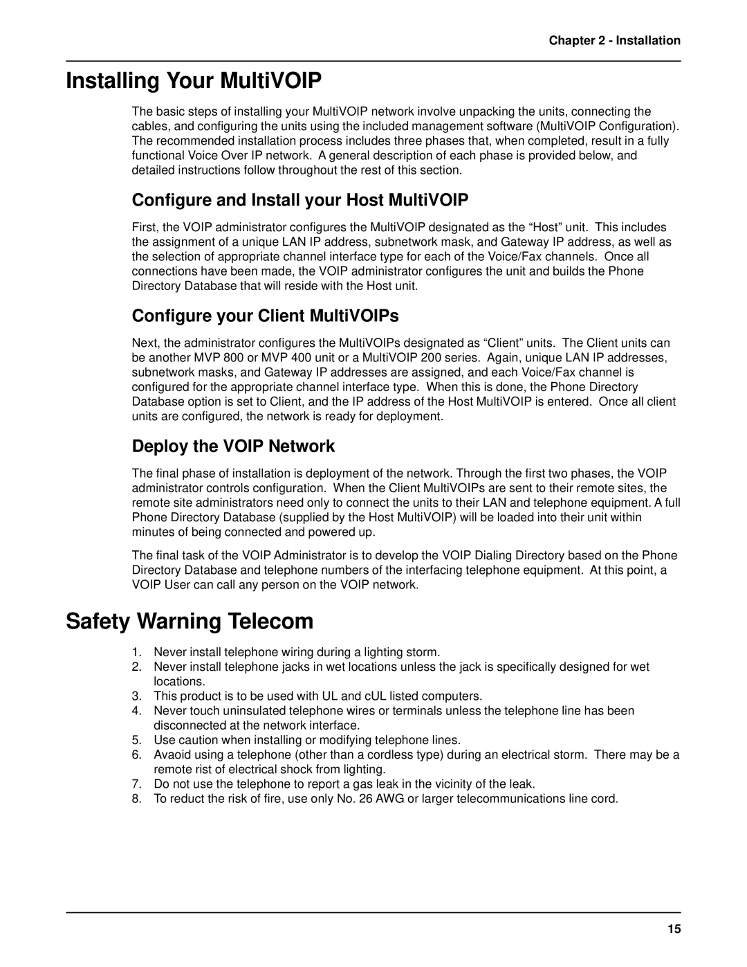 Multi-Tech Systems MVP 800 Installing Your MultiVOIP, Safety Warning Telecom, Configure and Install your Host MultiVOIP 