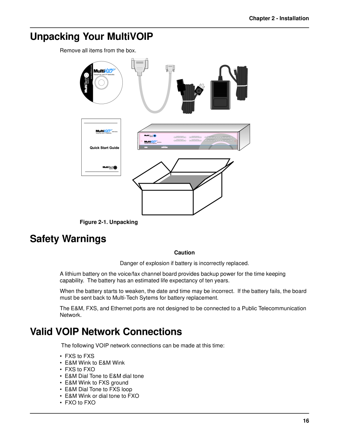 Multi-Tech Systems MVP 800 manual Unpacking Your MultiVOIP, Safety Warnings, Valid VOIP Network Connections, 1. Unpacking 
