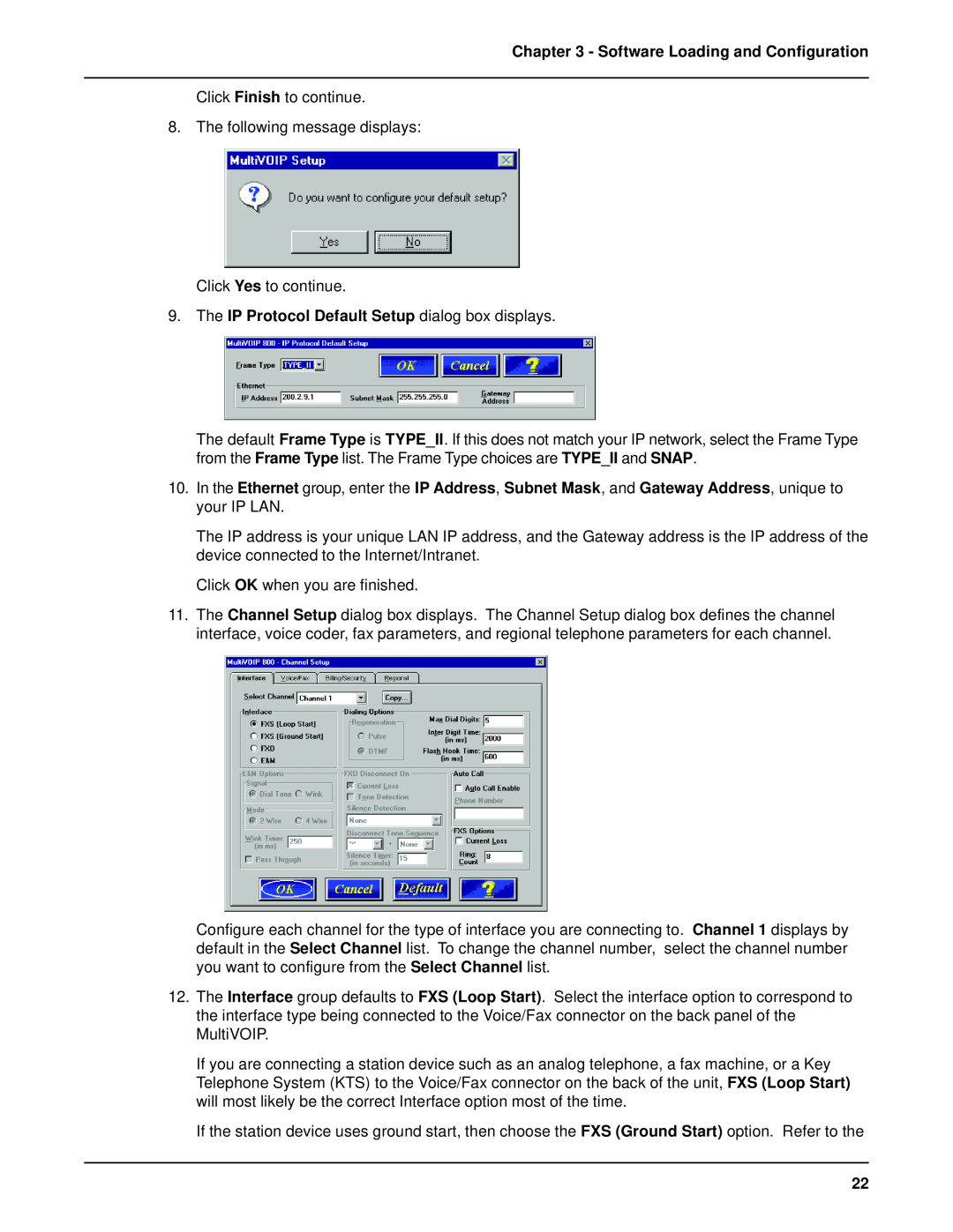 Multi-Tech Systems MVP 800 manual The IP Protocol Default Setup dialog box displays, Software Loading and Configuration 