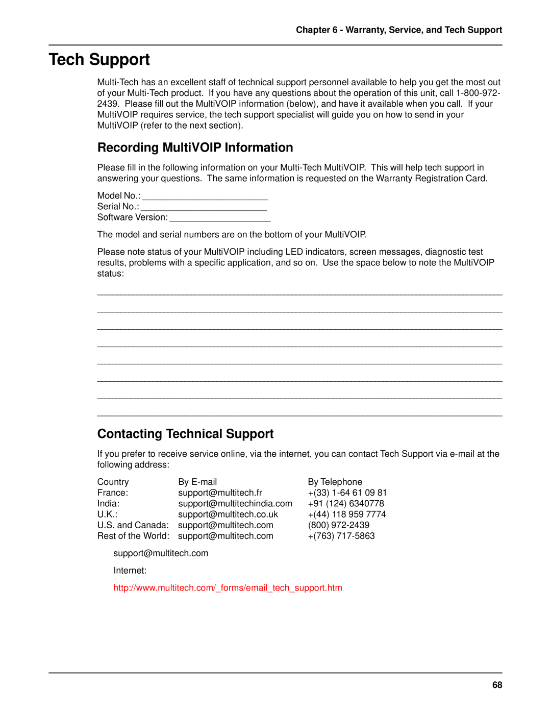 Multi-Tech Systems MVP 800 manual Tech Support, Recording MultiVOIP Information, Contacting Technical Support 