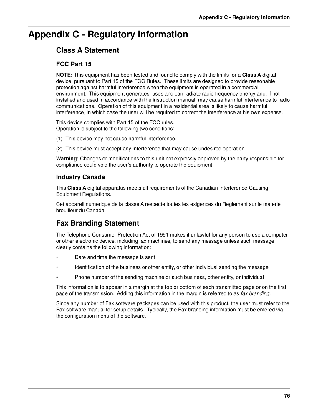 Multi-Tech Systems MVP 800 manual Appendix C - Regulatory Information, Class A Statement, Fax Branding Statement, FCC Part 