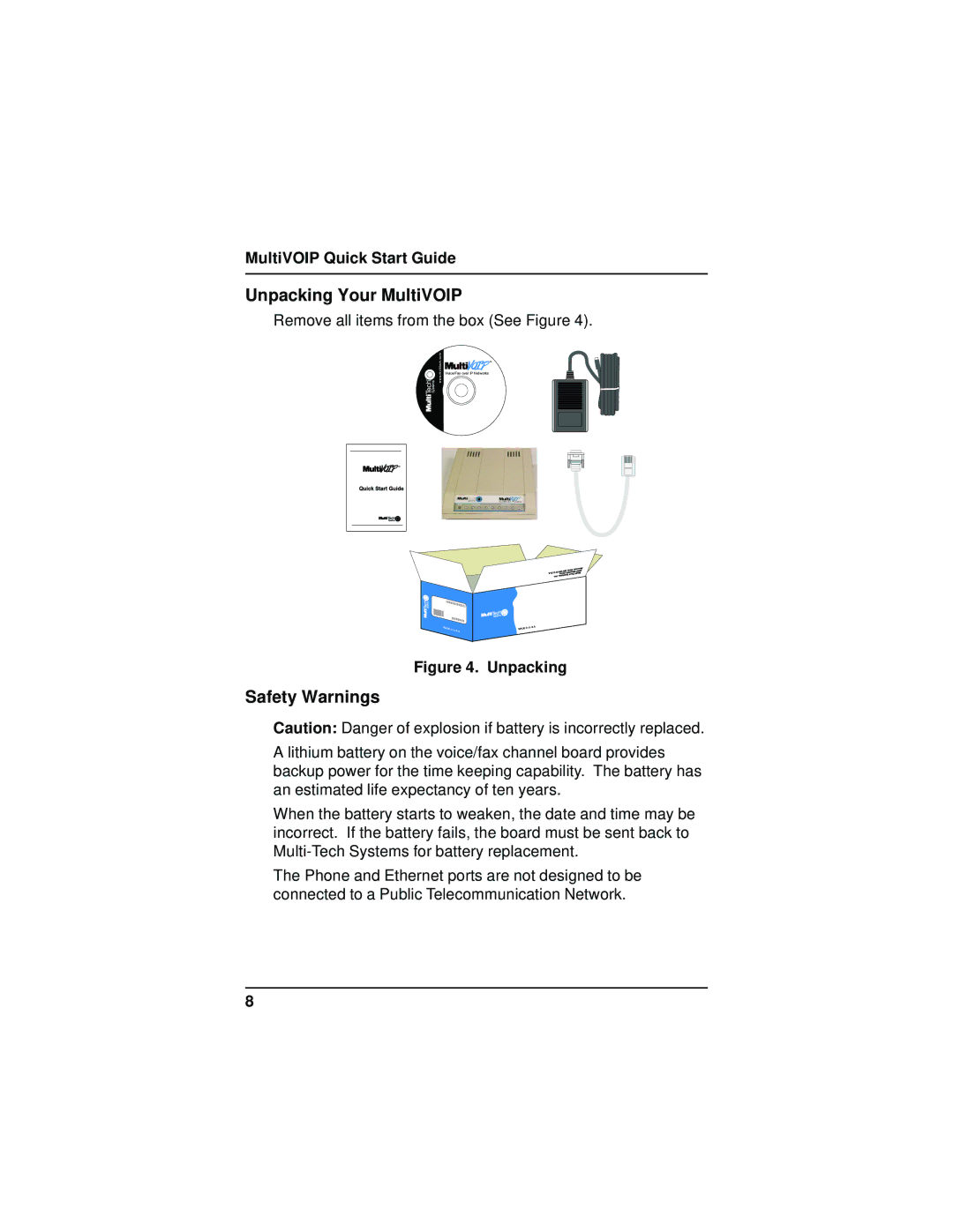 Multi-Tech Systems MVP110 quick start Unpacking Your MultiVOIP, Safety Warnings 