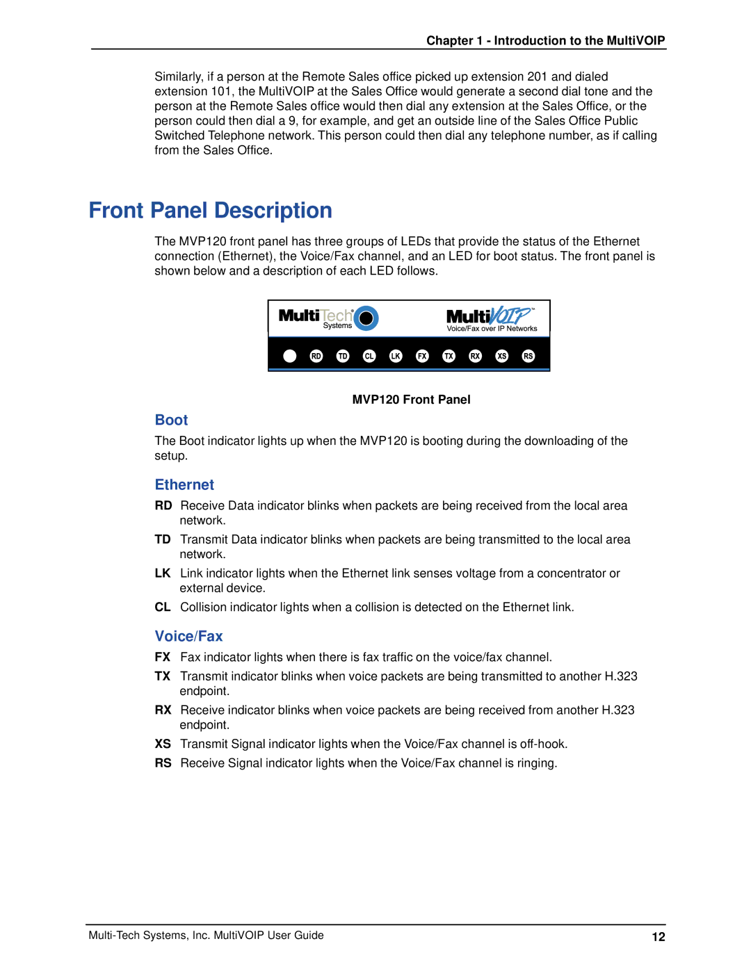 Multi-Tech Systems MVP120 manual Front Panel Description, Boot, Ethernet, Voice/Fax 