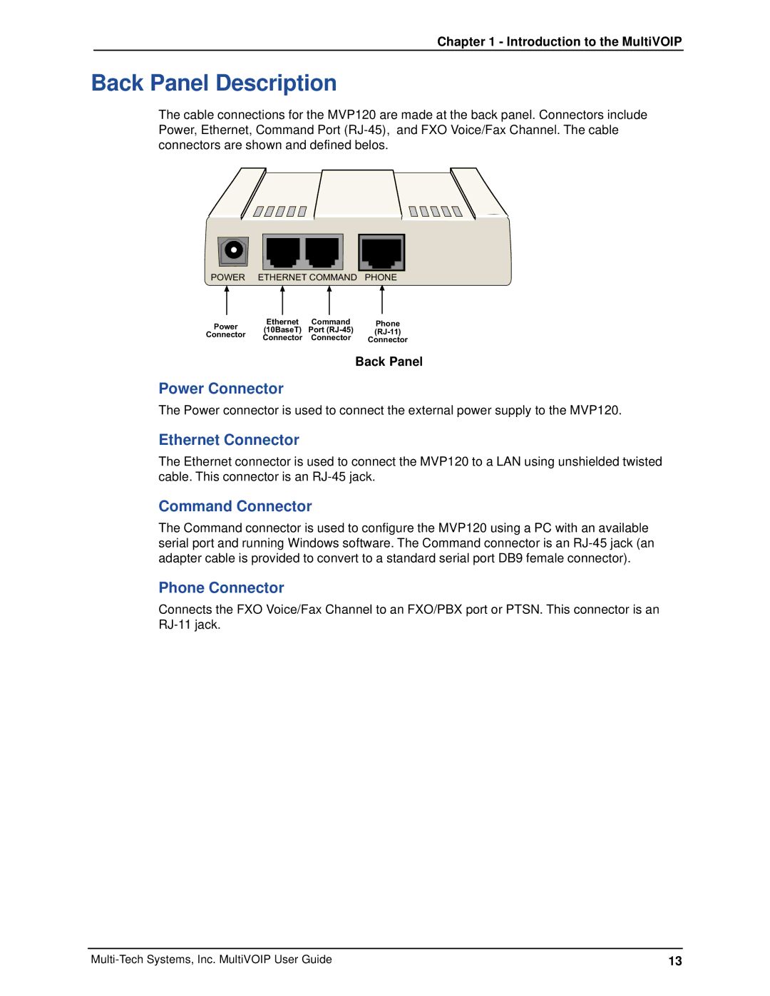 Multi-Tech Systems MVP120 Back Panel Description, Power Connector, Ethernet Connector, Command Connector, Phone Connector 