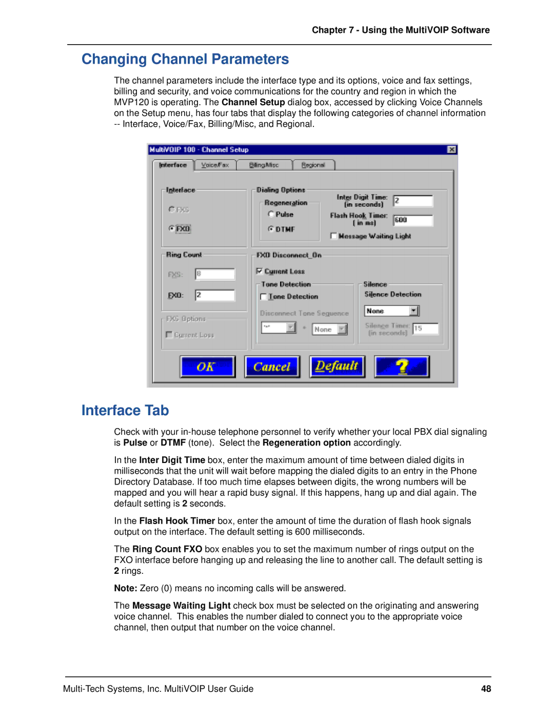 Multi-Tech Systems MVP120 manual Changing Channel Parameters, Interface Tab 