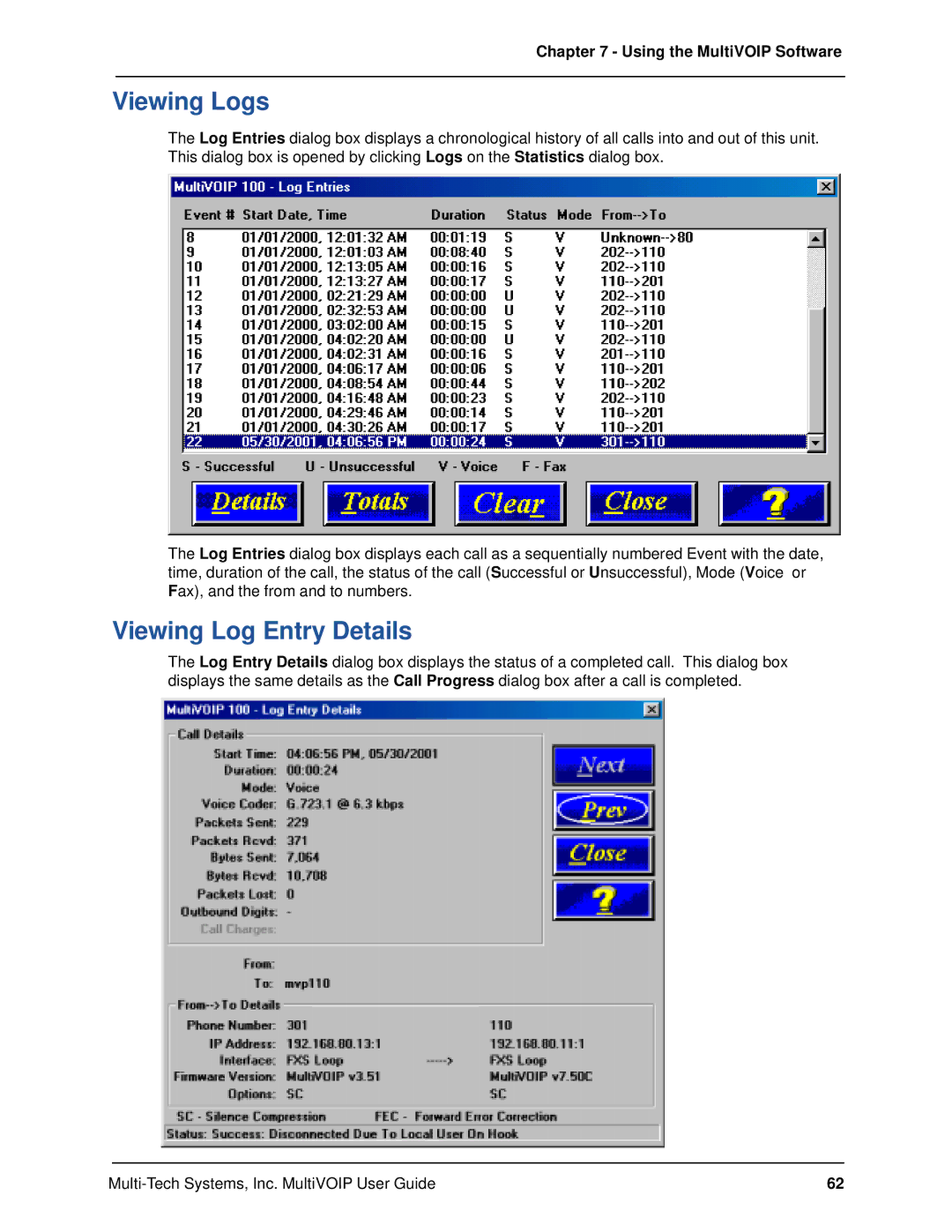 Multi-Tech Systems MVP120 manual Viewing Logs, Viewing Log Entry Details 