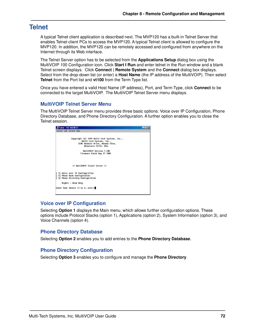 Multi-Tech Systems MVP120 manual MultiVOIP Telnet Server Menu, Voice over IP Configuration, Phone Directory Database 