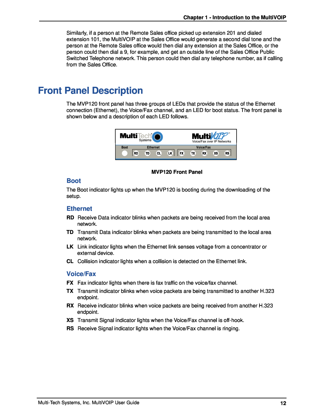 Multi-Tech Systems MVP120 manual Front Panel Description, Boot, Ethernet, Voice/Fax, Introduction to the MultiVOIP 