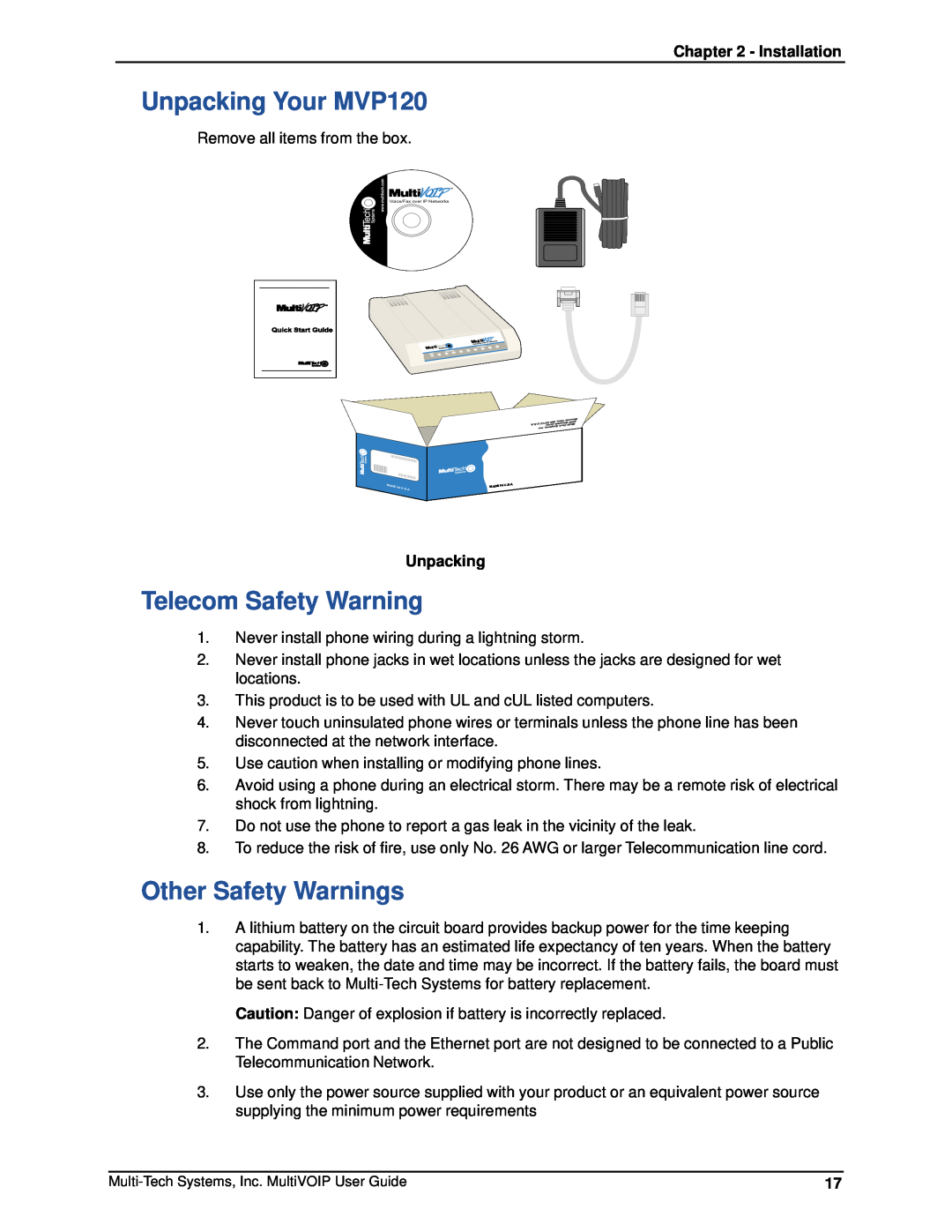 Multi-Tech Systems manual Unpacking Your MVP120, Telecom Safety Warning, Other Safety Warnings, Installation 
