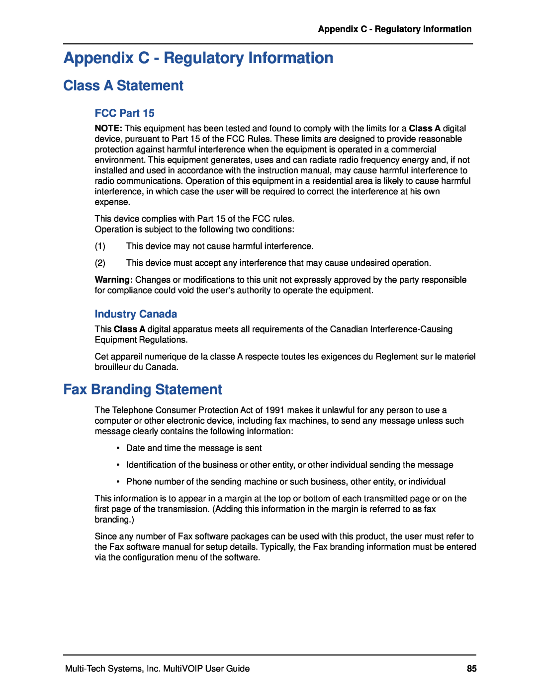 Multi-Tech Systems MVP120 manual Appendix C - Regulatory Information, Class A Statement, Fax Branding Statement, FCC Part 