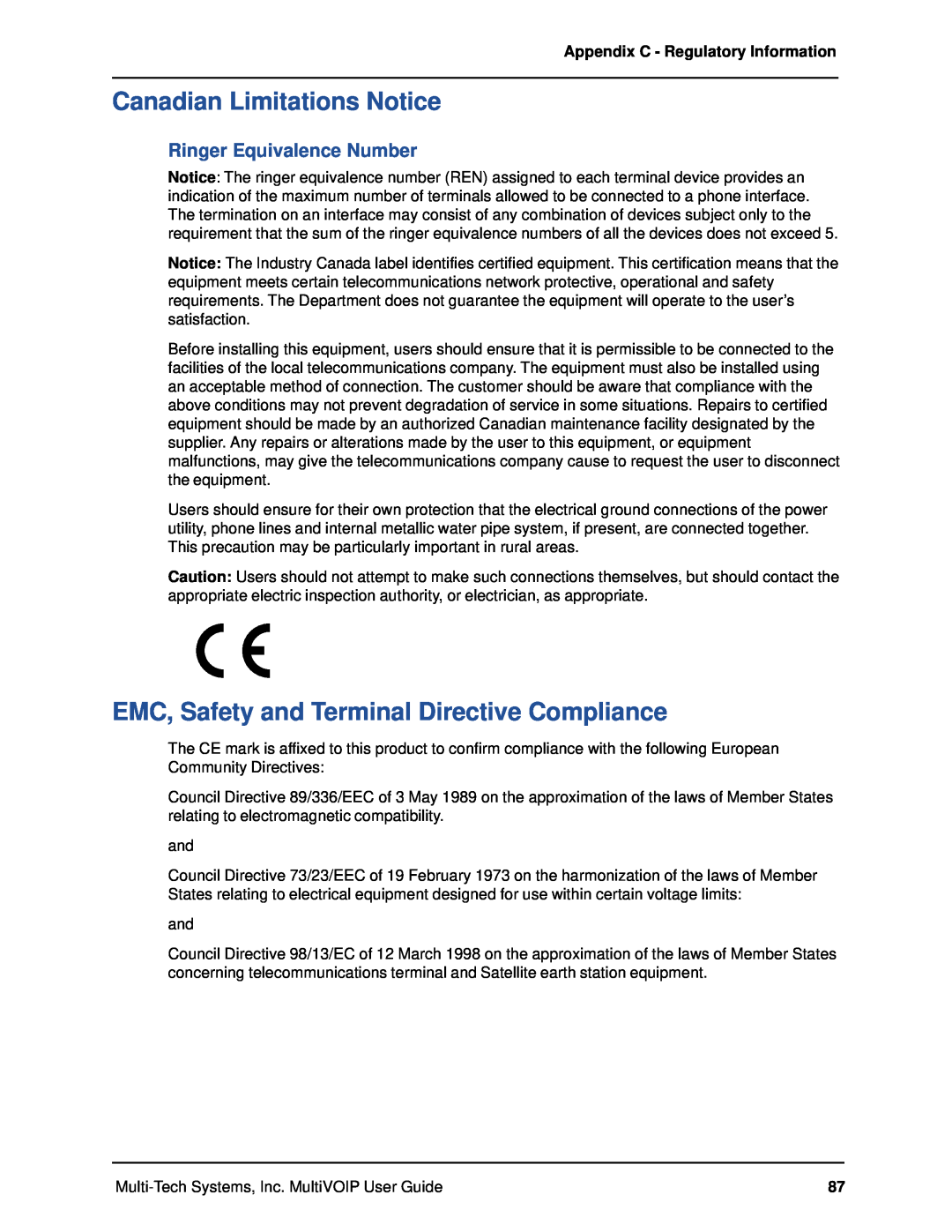 Multi-Tech Systems MVP120 manual Canadian Limitations Notice, EMC, Safety and Terminal Directive Compliance 