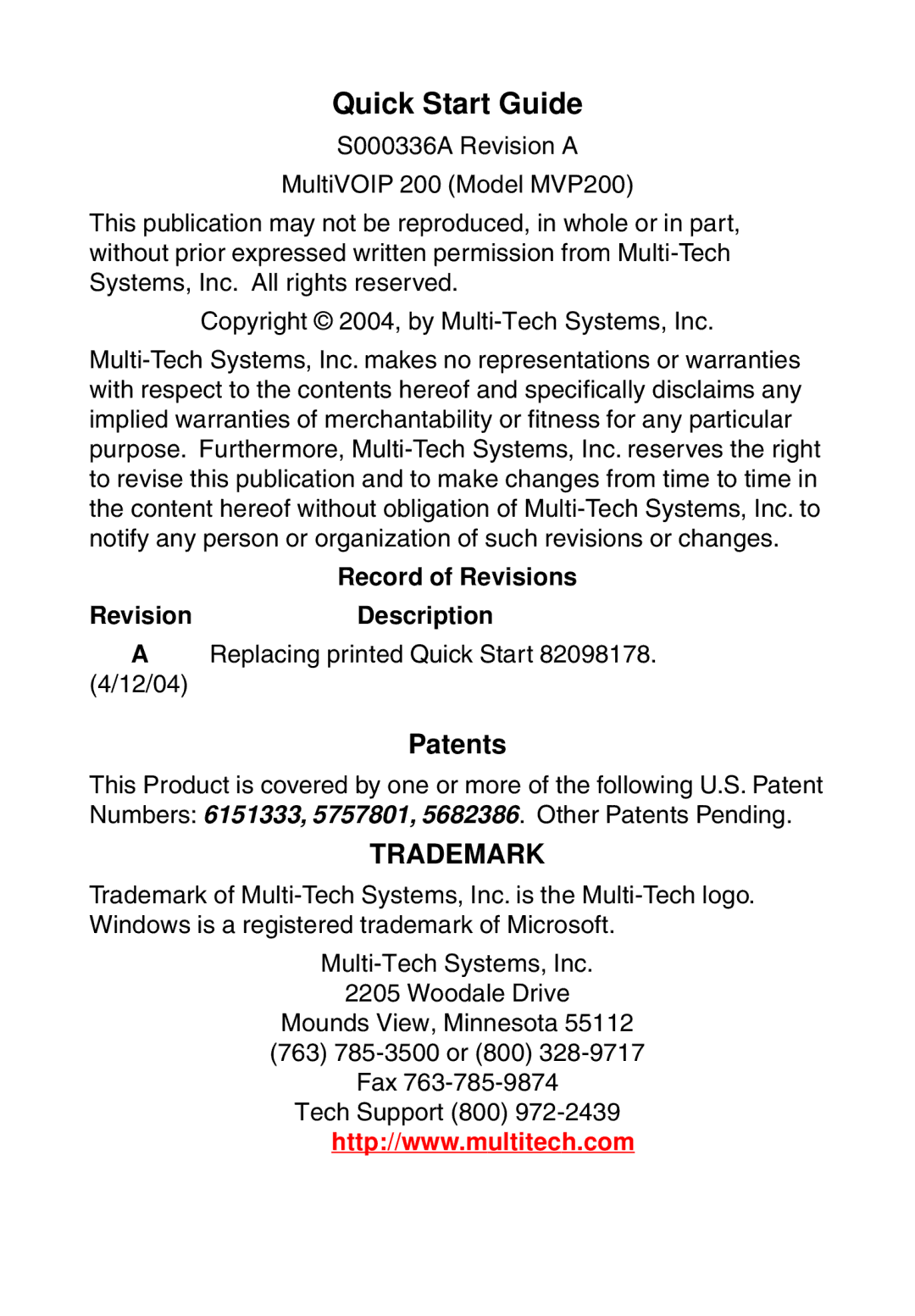 Multi-Tech Systems MVP200 quick start Quick Start Guide, Patents 