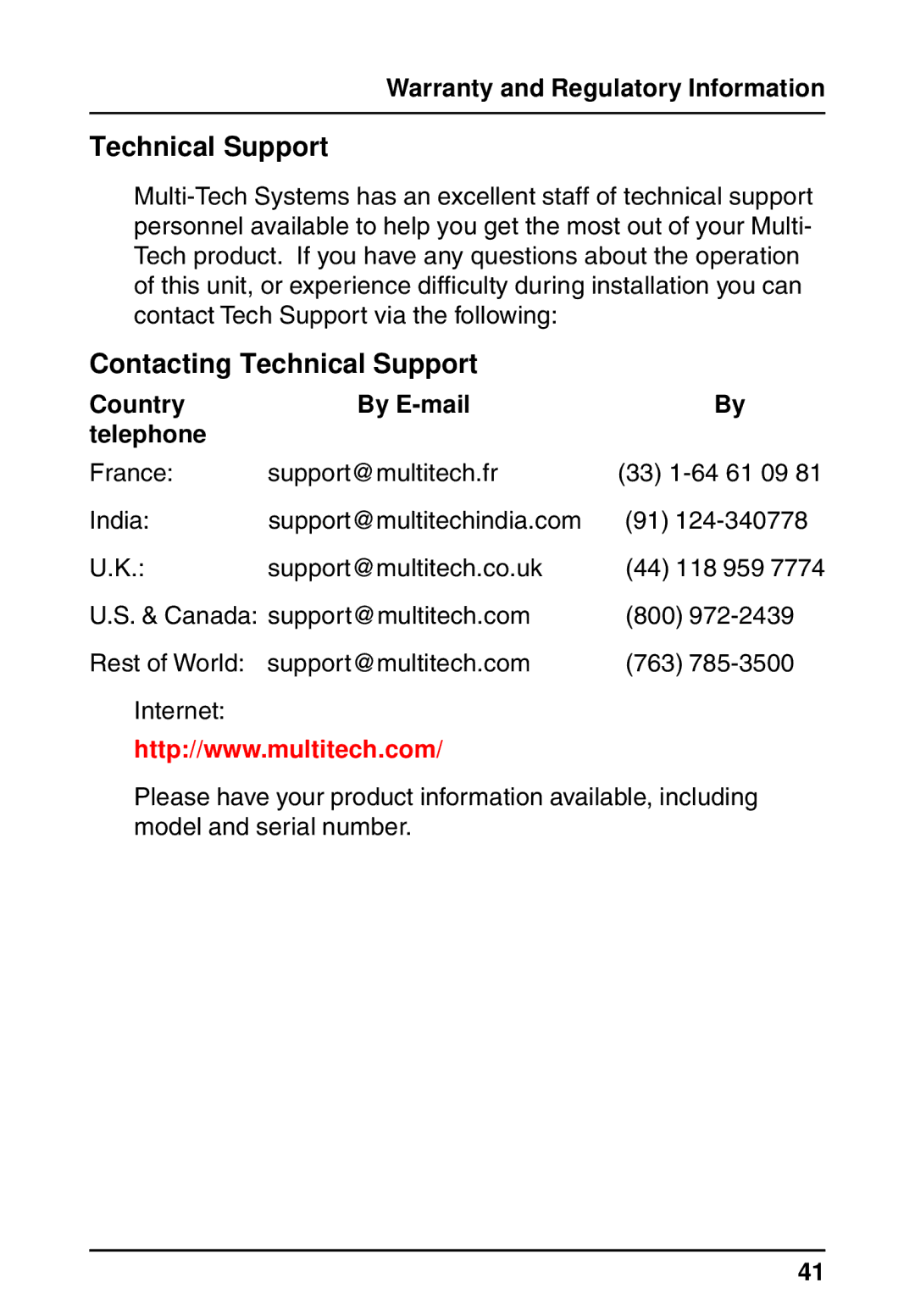 Multi-Tech Systems MVP200 quick start Contacting Technical Support 