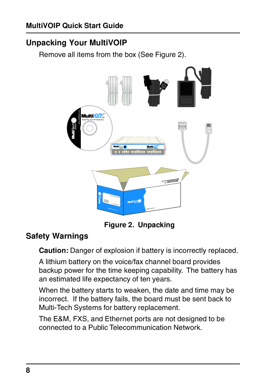 Multi-Tech Systems MVP200 quick start Unpacking Your MultiVOIP, Safety Warnings 