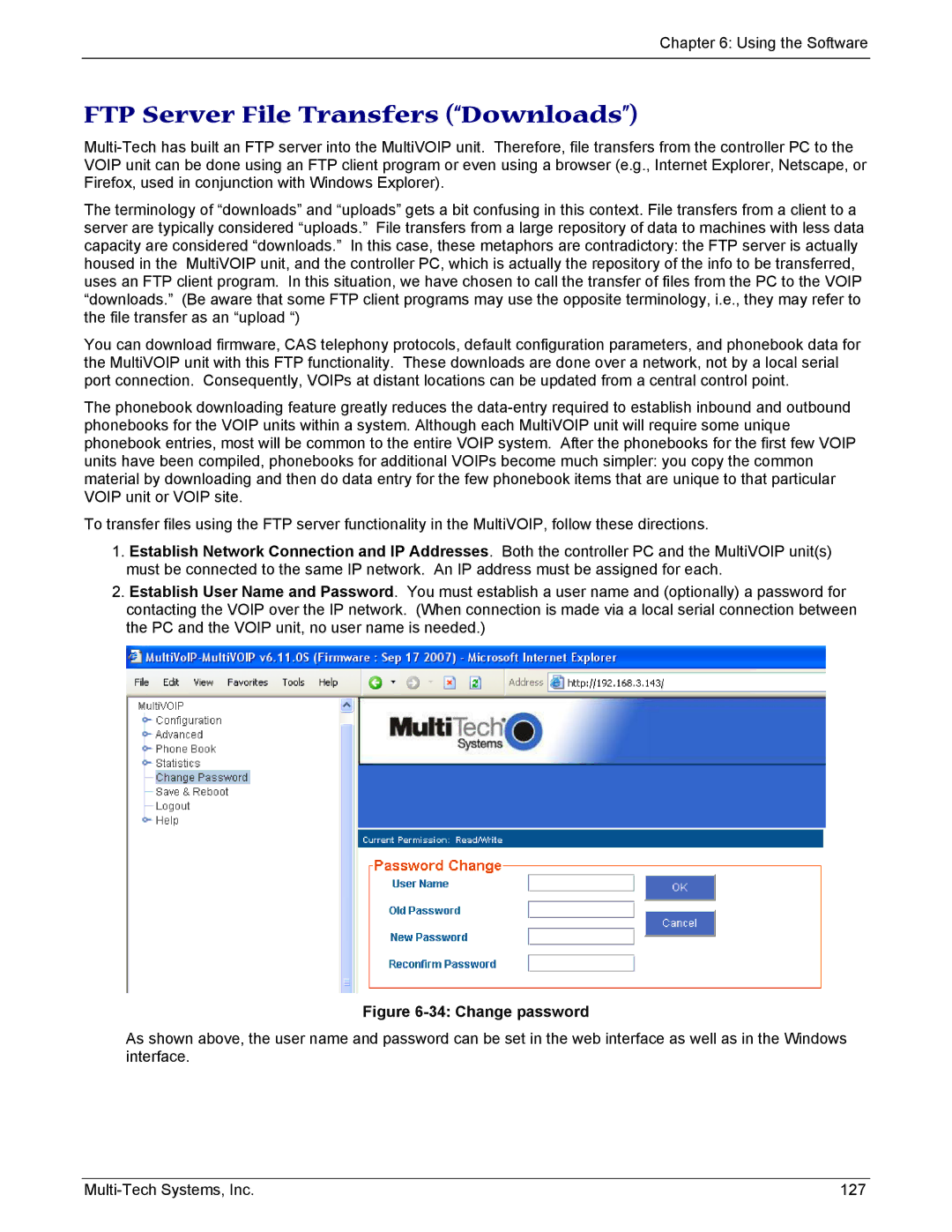 Multi-Tech Systems MVP210/410/810-SS, MVP210/410/810-FX manual FTP Server File Transfers Downloads, Change password 