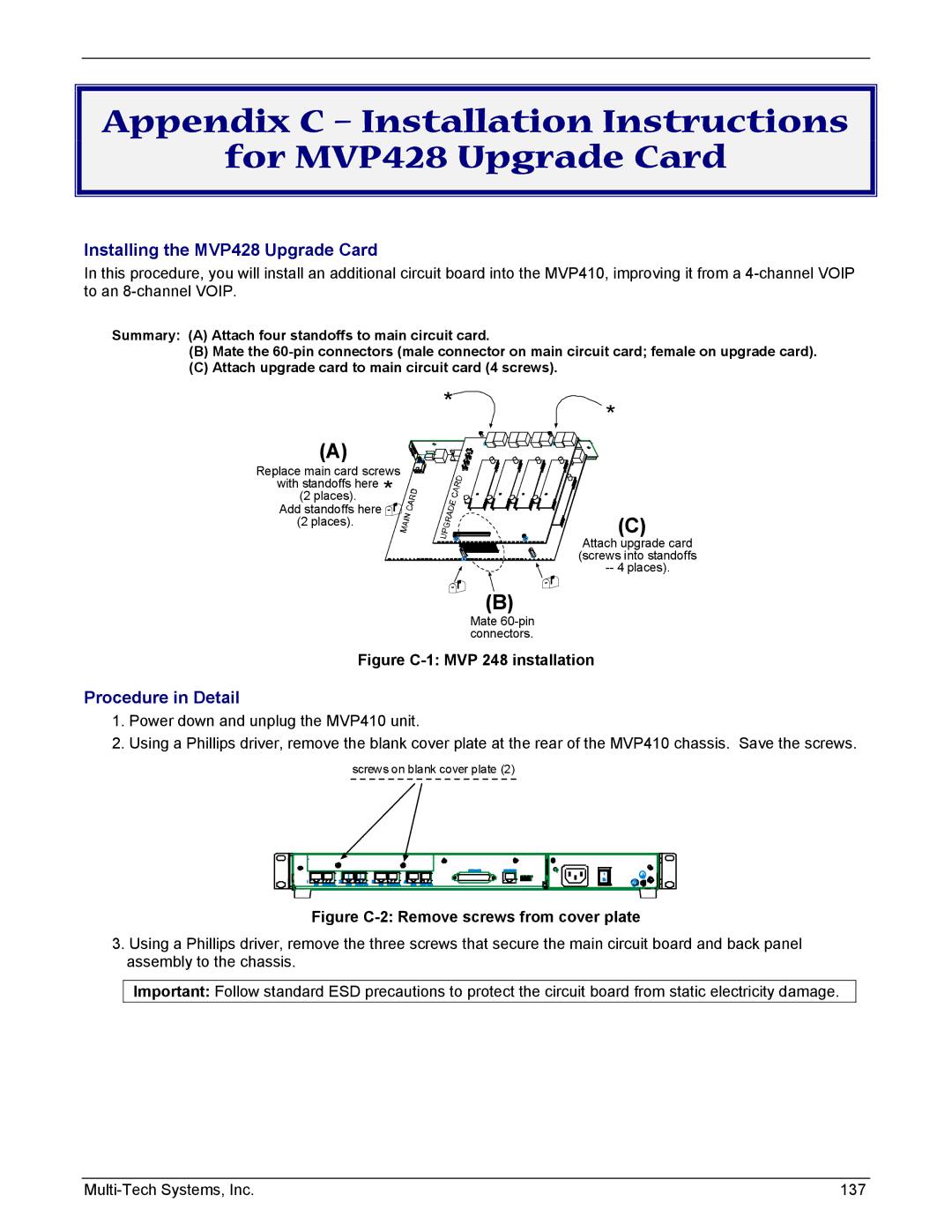 Multi-Tech Systems MVP210/410/810-FX, MVP210/410/810-SS manual Appendix C Installation Instructions For MVP428 Upgrade Card 