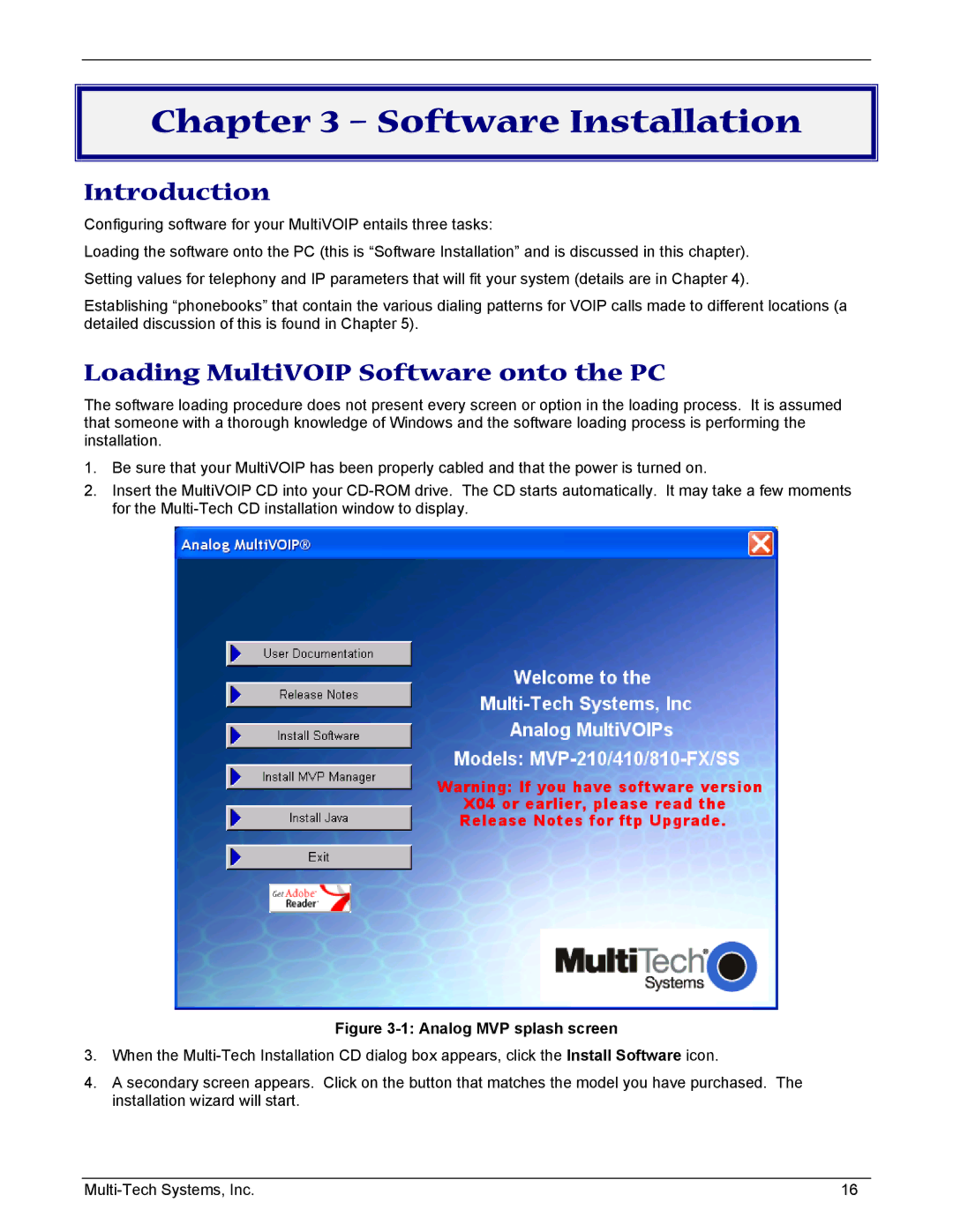 Multi-Tech Systems MVP210/410/810-SS manual Loading MultiVOIP Software onto the PC, Analog MVP splash screen 