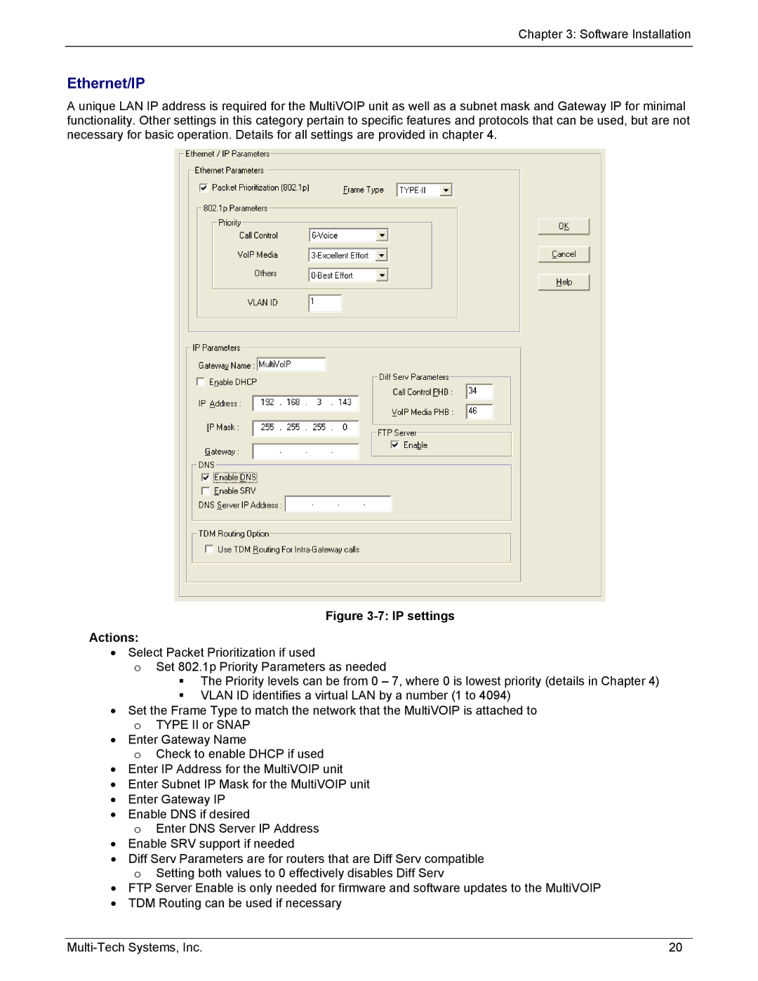 Multi-Tech Systems MVP210/410/810-FX, MVP210/410/810-SS manual Ethernet/IP, IP settings Actions 