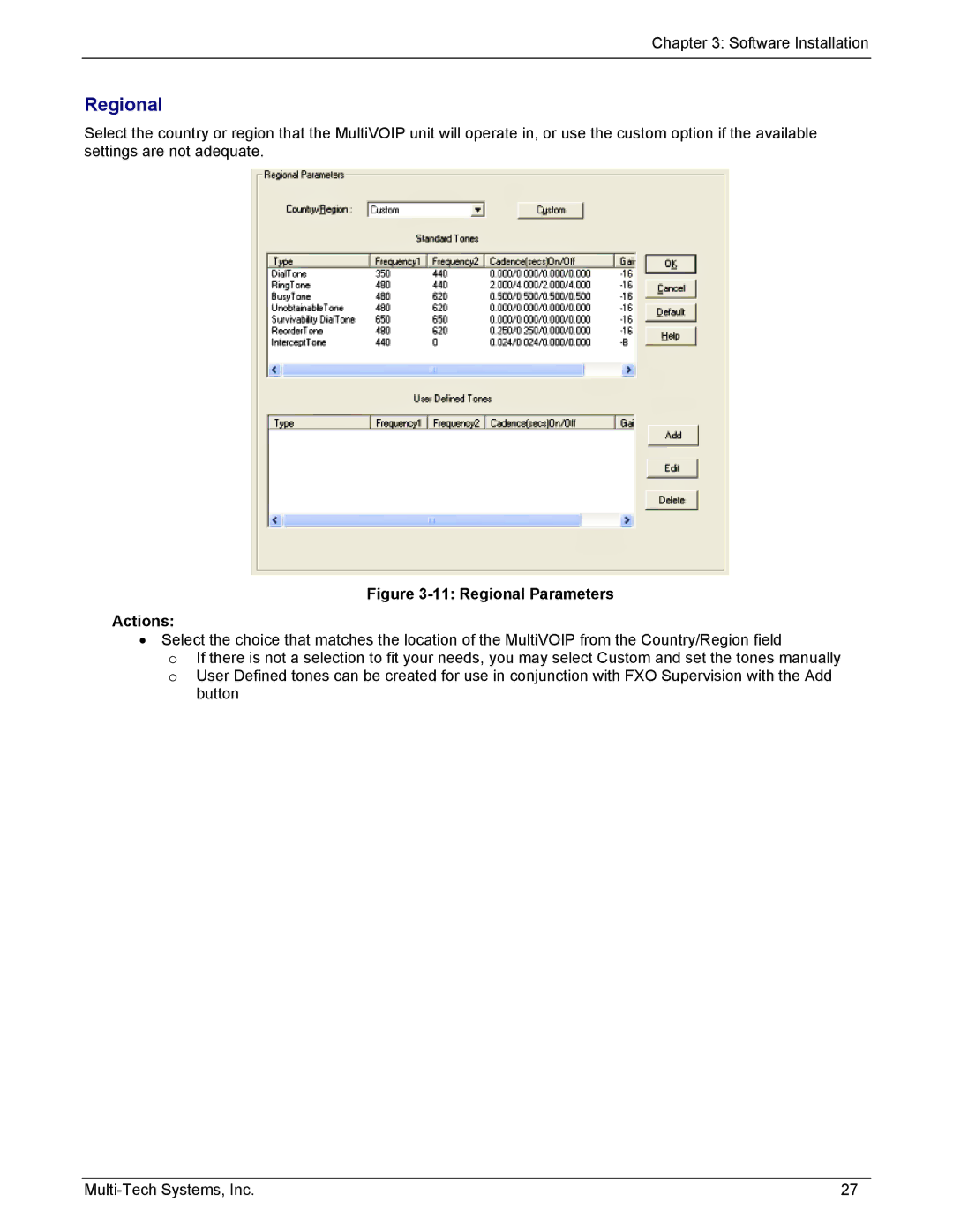 Multi-Tech Systems MVP210/410/810-SS, MVP210/410/810-FX manual Regional Parameters Actions 