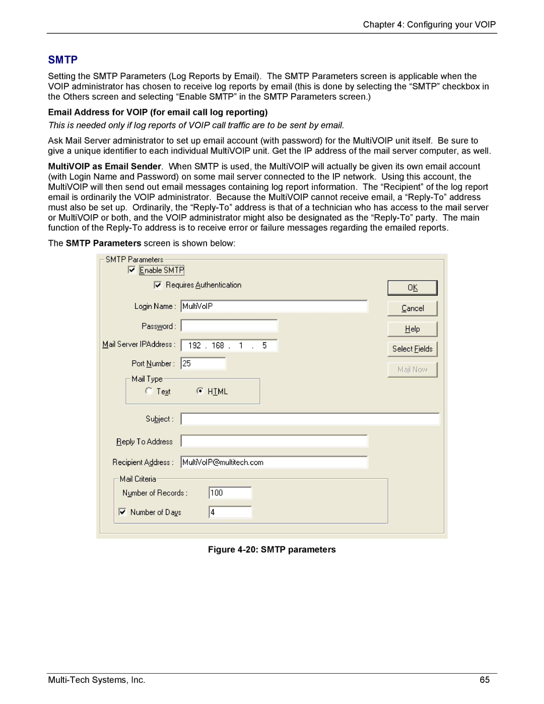 Multi-Tech Systems MVP210/410/810-FX manual Email Address for Voip for email call log reporting, Smtp parameters 