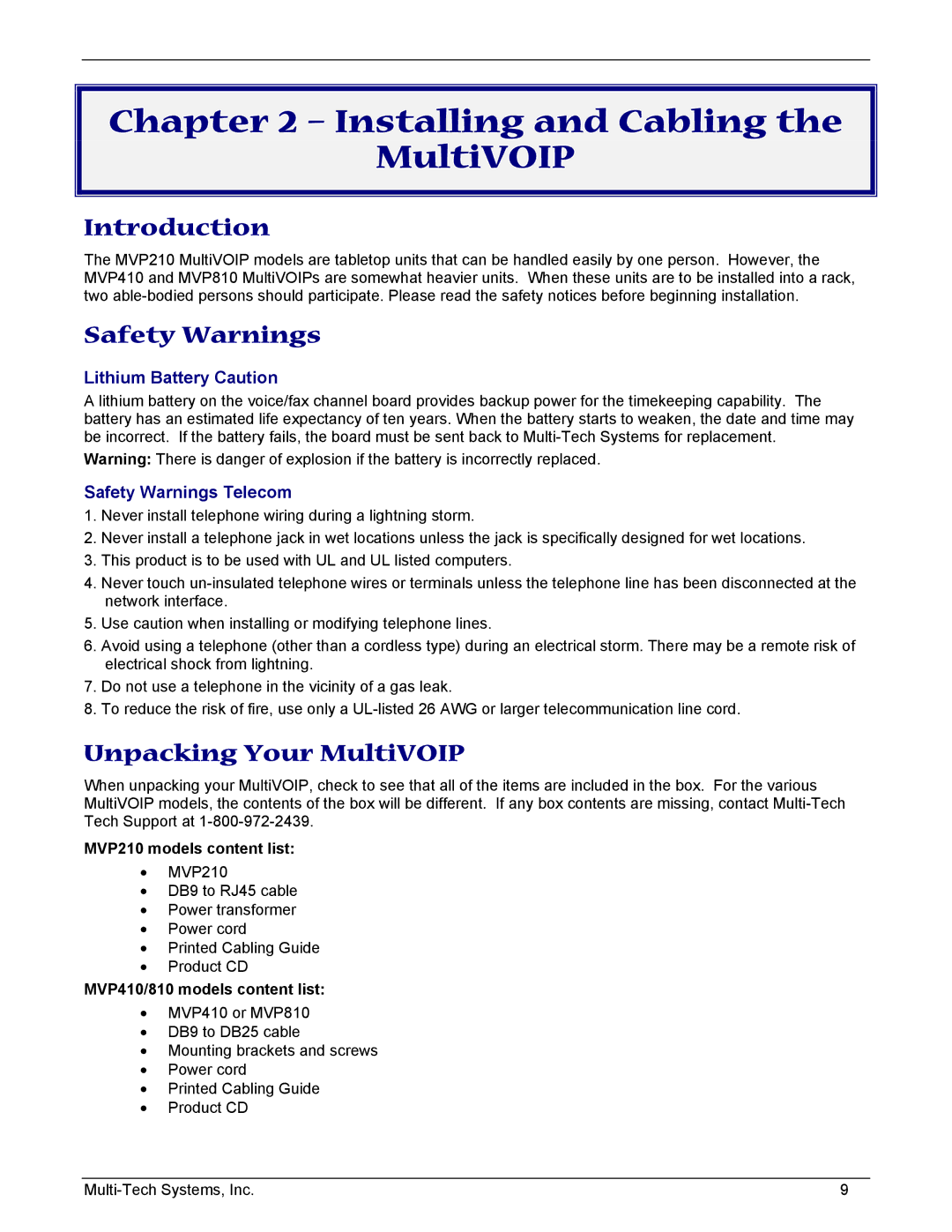 Multi-Tech Systems MVP210/410/810-SS manual Safety Warnings, Unpacking Your MultiVOIP, MVP210 models content list 