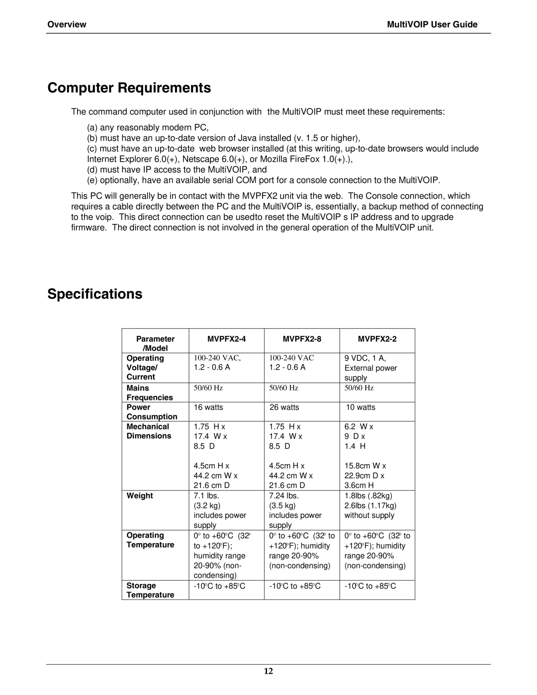 Multi-Tech Systems MVPFX2-2 manual Computer Requirements, Specifications 