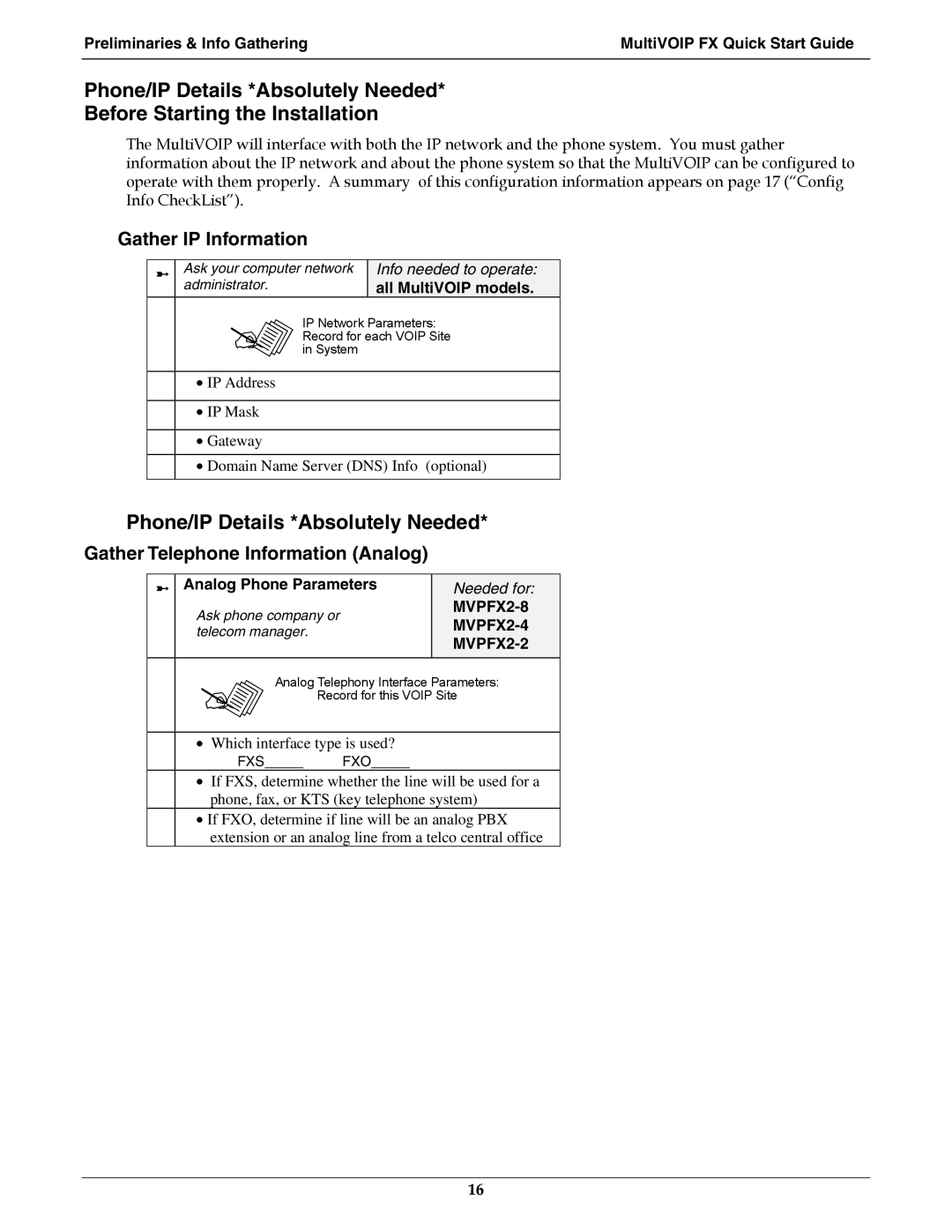 Multi-Tech Systems MVPFX2-2 manual Phone/IP Details *Absolutely Needed, All MultiVOIP models, Analog Phone Parameters 