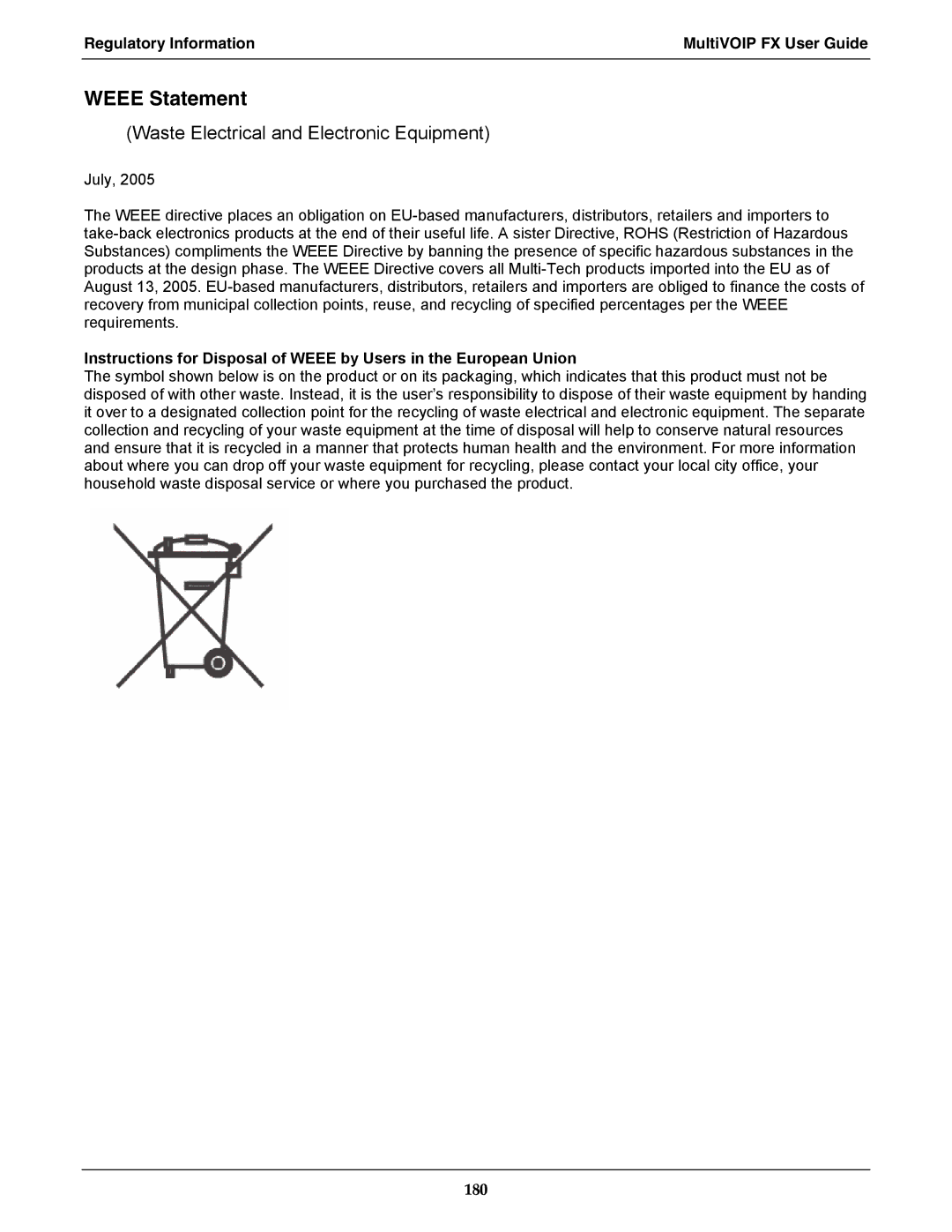 Multi-Tech Systems MVPFX2-2 manual Weee Statement, Waste Electrical and Electronic Equipment 