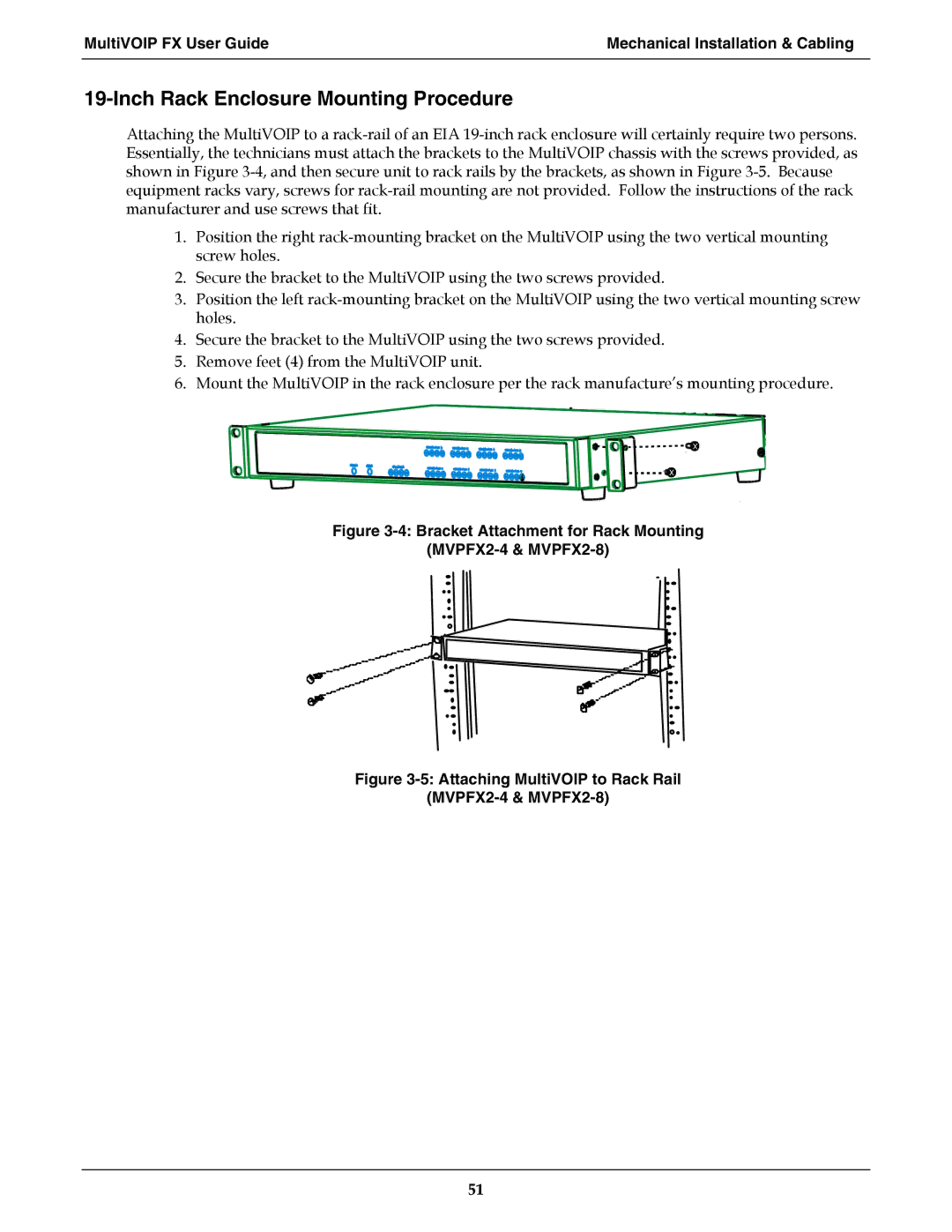 Multi-Tech Systems MVPFX2-2 manual Inch Rack Enclosure Mounting Procedure 