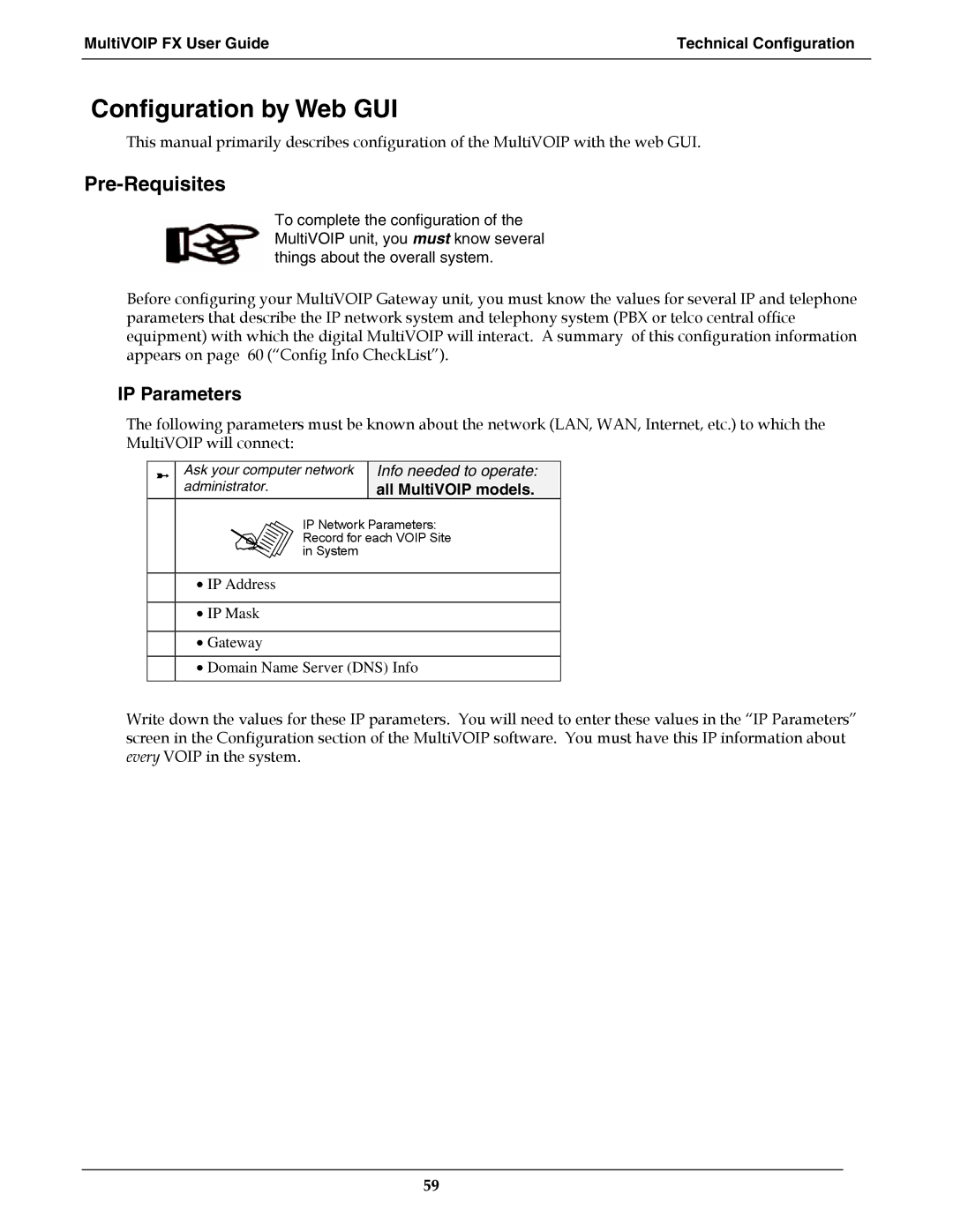 Multi-Tech Systems MVPFX2-2 Configuration by Web GUI, Pre-Requisites, MultiVOIP FX User Guide Technical Configuration 