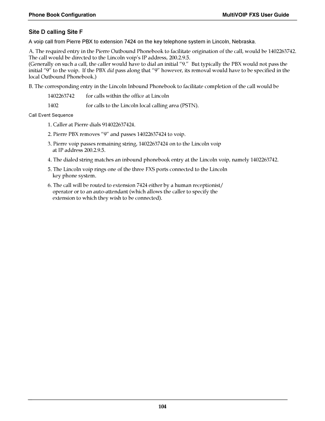 Multi-Tech Systems MVPFXS-16, MVPFXS-8, MVPFXS-24 manual Site D calling Site F 