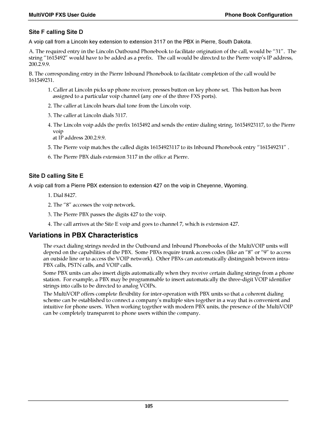 Multi-Tech Systems MVPFXS-8, MVPFXS-24, MVPFXS-16 manual Variations in PBX Characteristics, Site F calling Site D 