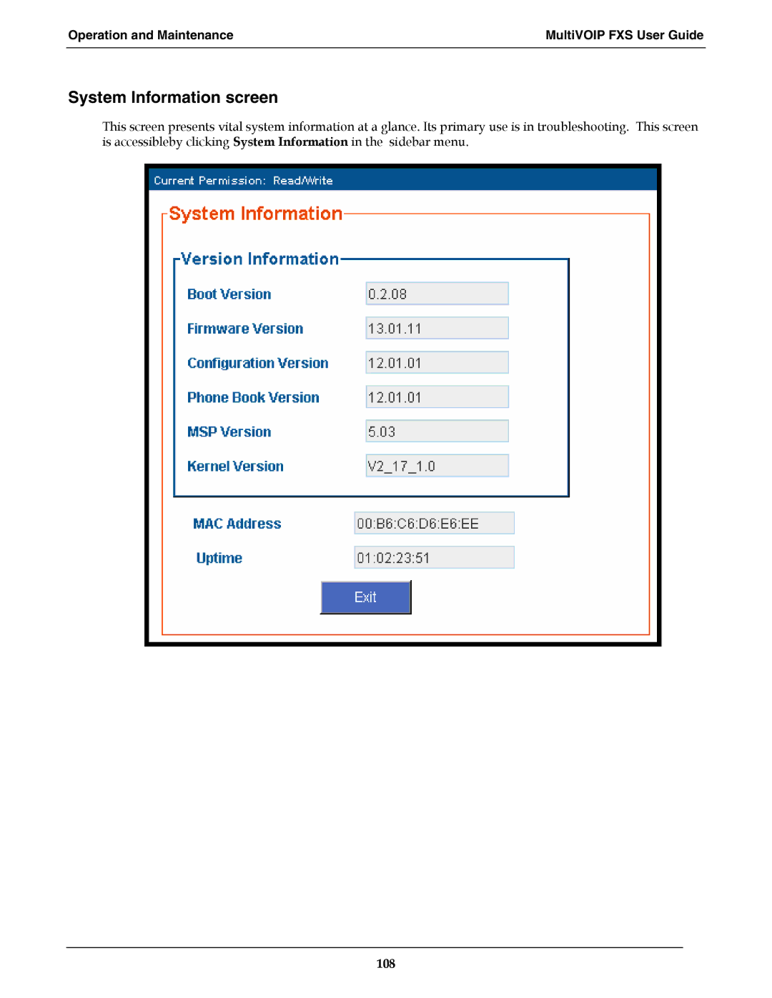 Multi-Tech Systems MVPFXS-8, MVPFXS-24 manual System Information screen, Operation and Maintenance MultiVOIP FXS User Guide 