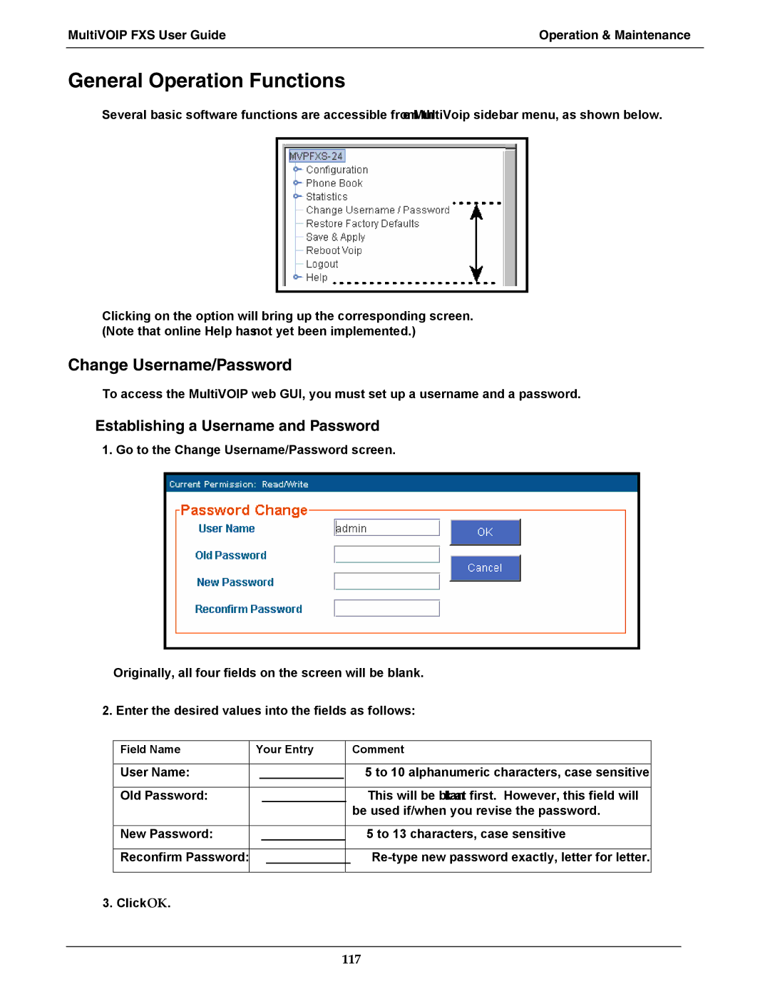 Multi-Tech Systems MVPFXS-8, MVPFXS-24, MVPFXS-16 manual General Operation Functions, Change Username/Password 