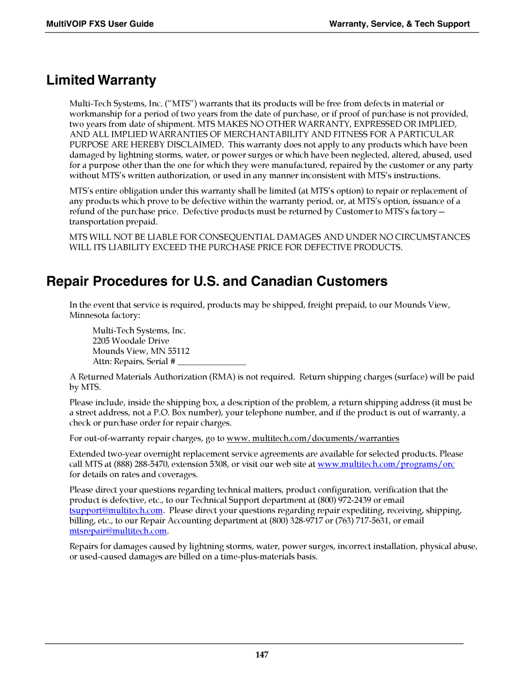 Multi-Tech Systems MVPFXS-8, MVPFXS-24, MVPFXS-16 manual Limited Warranty, Repair Procedures for U.S. and Canadian Customers 