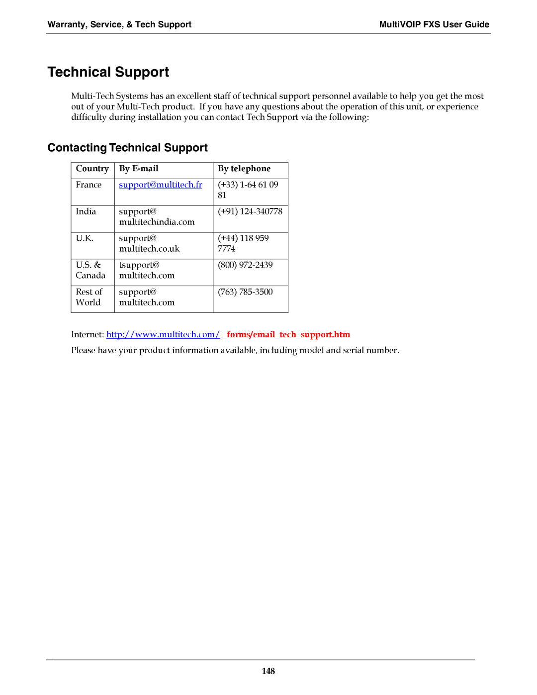 Multi-Tech Systems MVPFXS-24 Contacting Technical Support, Warranty, Service, & Tech Support MultiVOIP FXS User Guide 