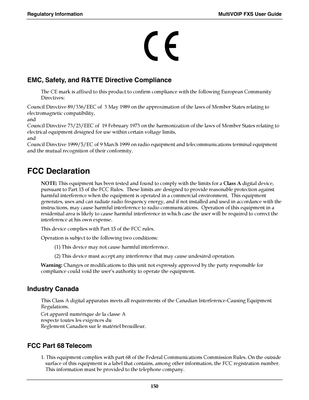 Multi-Tech Systems MVPFXS-8, MVPFXS-24 manual FCC Declaration, EMC, Safety, and R&TTE Directive Compliance, Industry Canada 