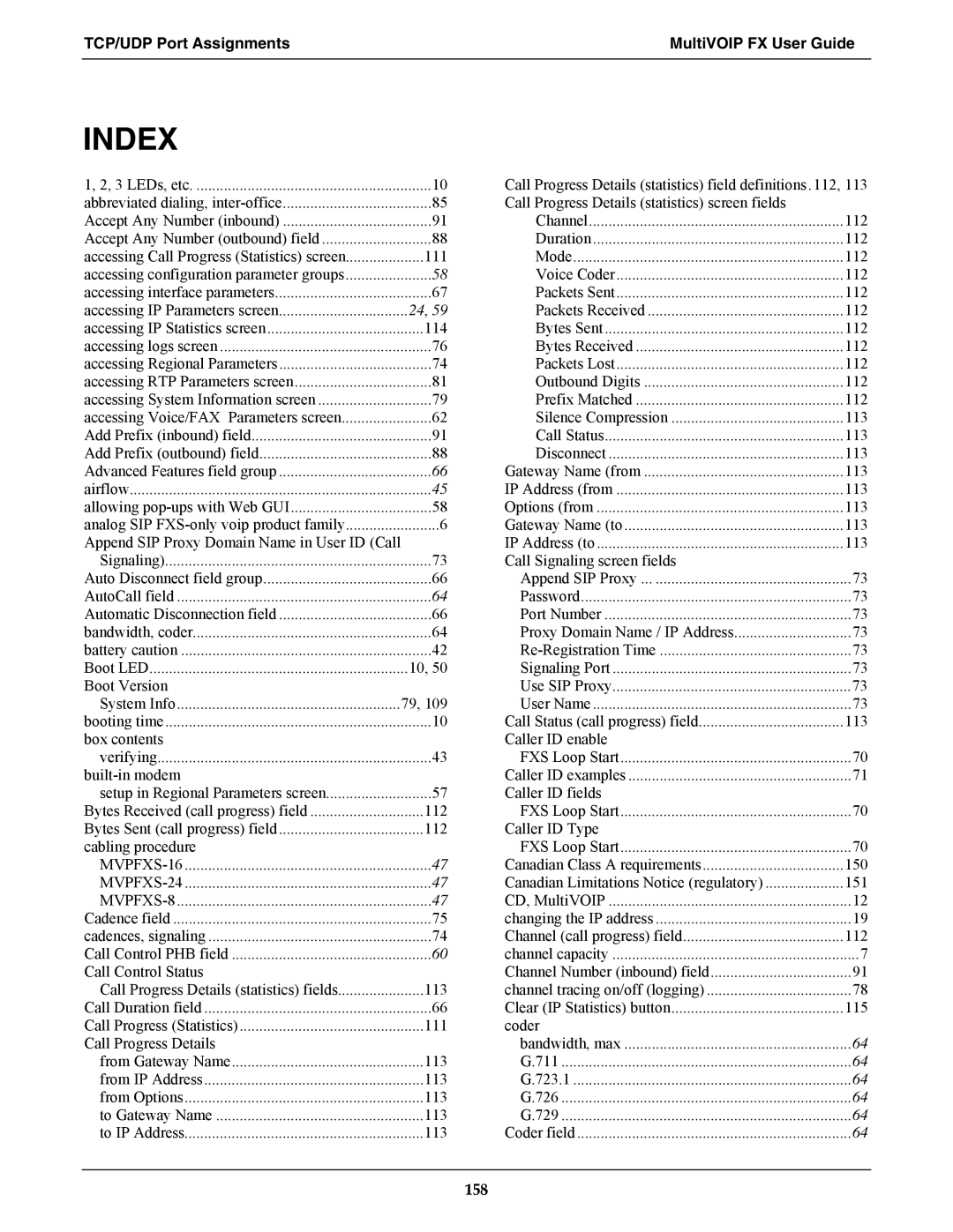 Multi-Tech Systems MVPFXS-16, MVPFXS-8, MVPFXS-24 manual Index, TCP/UDP Port Assignments MultiVOIP FX User Guide 