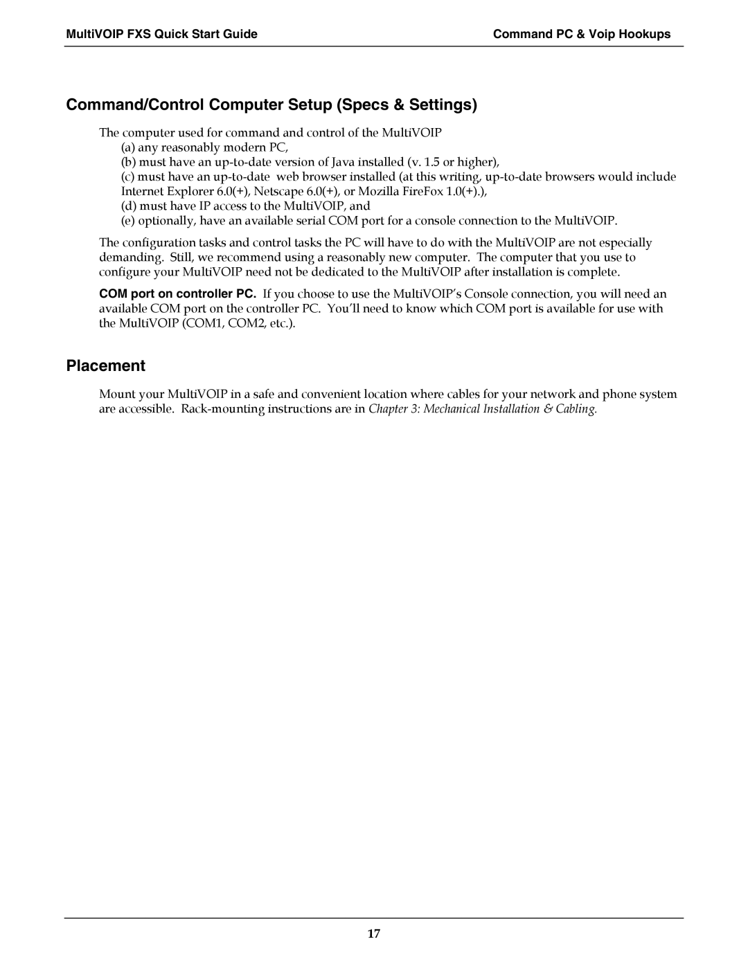 Multi-Tech Systems MVPFXS-16, MVPFXS-8, MVPFXS-24 manual Command/Control Computer Setup Specs & Settings, Placement 