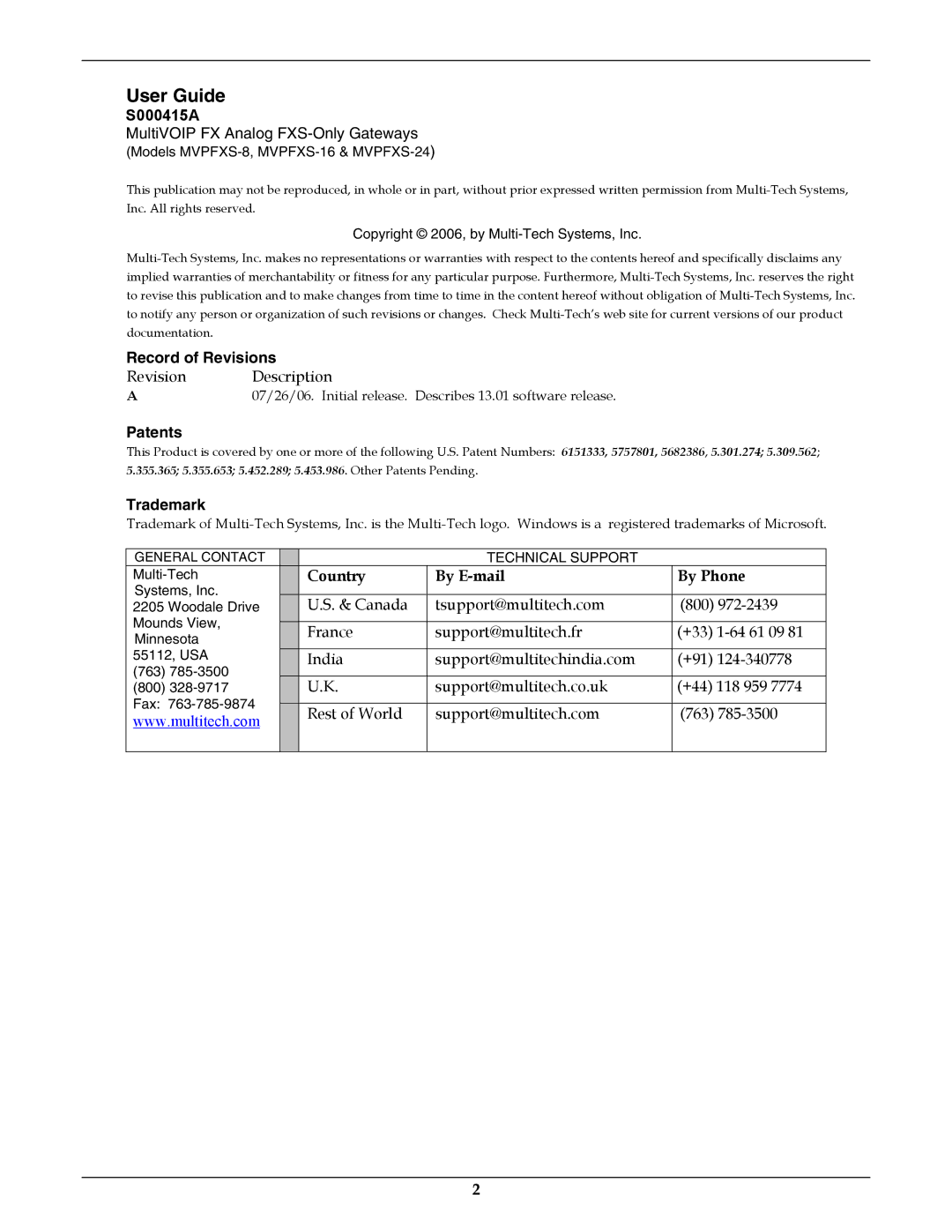 Multi-Tech Systems MVPFXS-16, MVPFXS-8, MVPFXS-24 manual S000415A, Record of Revisions, Patents, Trademark 