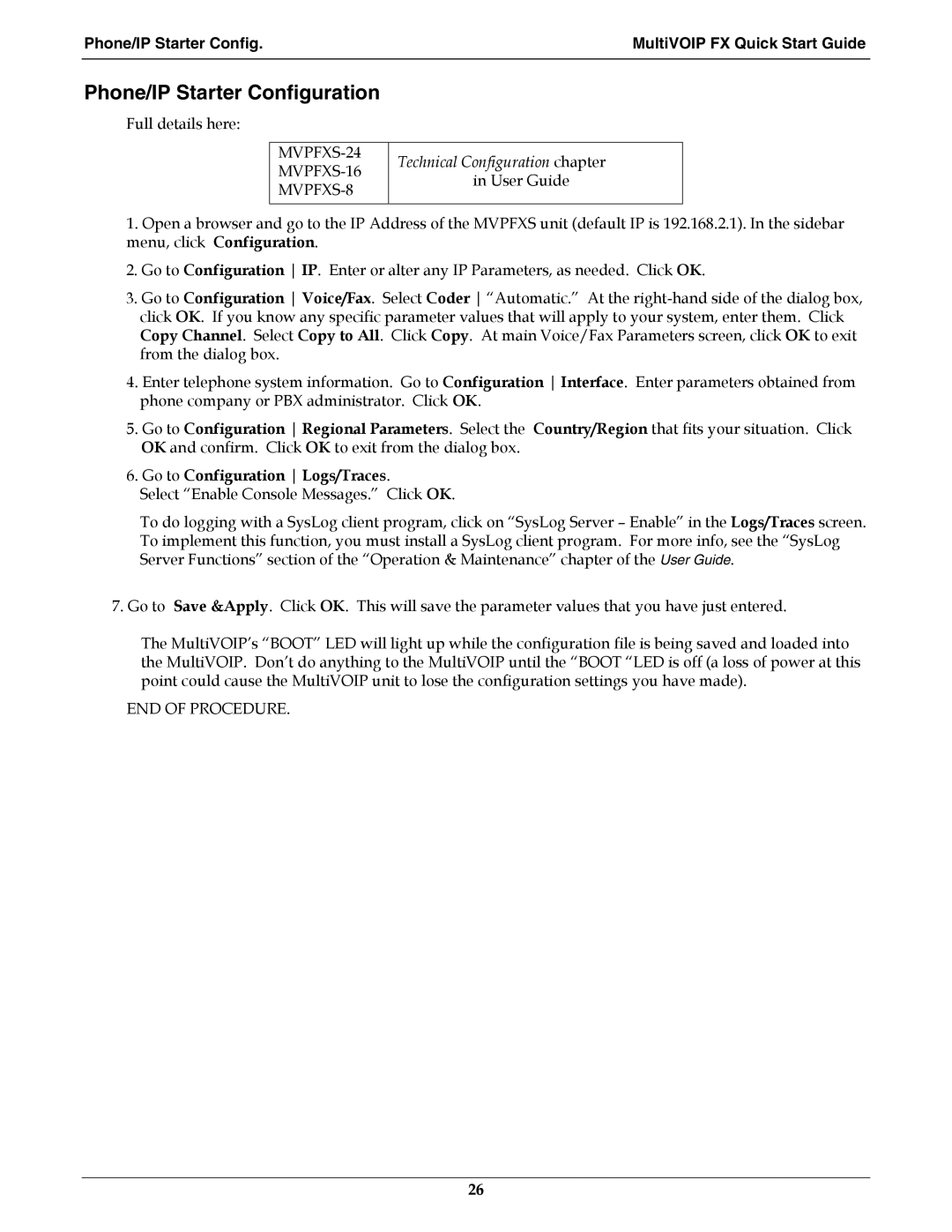 Multi-Tech Systems manual Phone/IP Starter Configuration, MVPFXS-24 MVPFXS-16 MVPFXS-8 