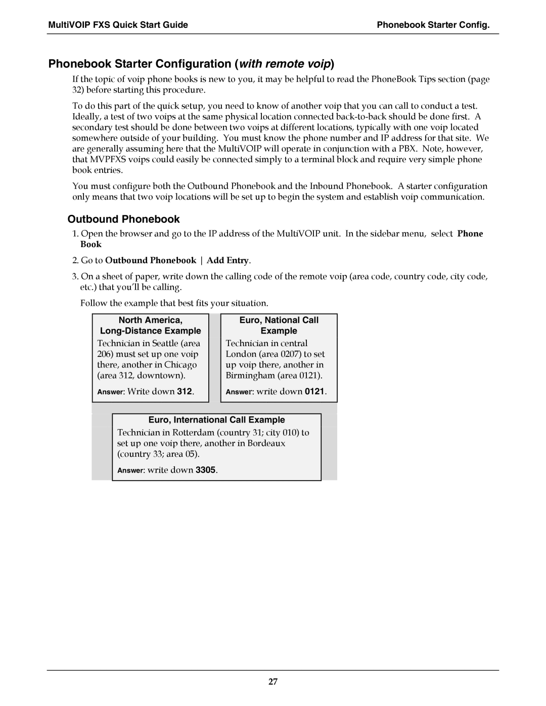 Multi-Tech Systems MVPFXS-8 manual Phonebook Starter Configuration with remote voip, North America Long-Distance Example 