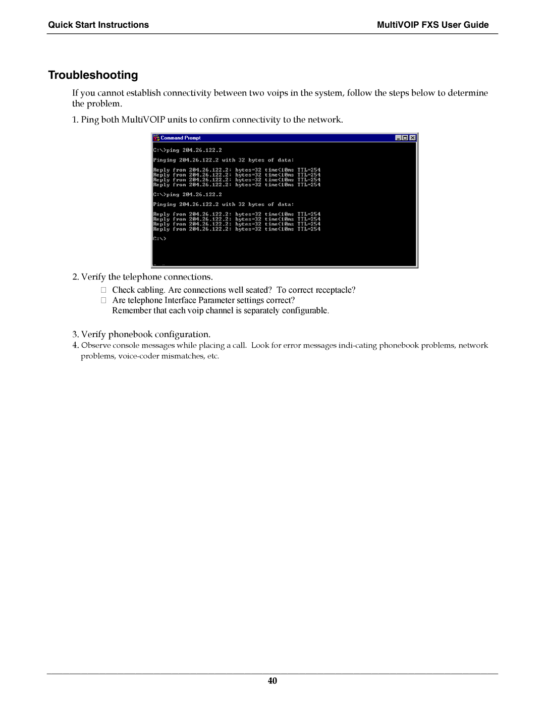 Multi-Tech Systems MVPFXS-24, MVPFXS-8, MVPFXS-16 manual Troubleshooting, Quick Start Instructions MultiVOIP FXS User Guide 