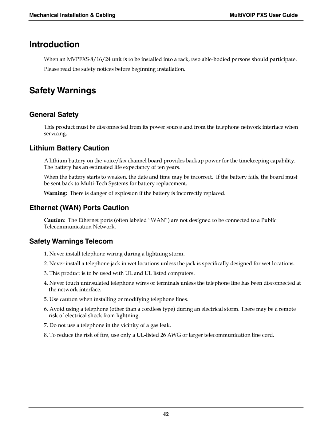 Multi-Tech Systems MVPFXS-8, MVPFXS-24, MVPFXS-16 Introduction, Safety Warnings, General Safety, Lithium Battery Caution 